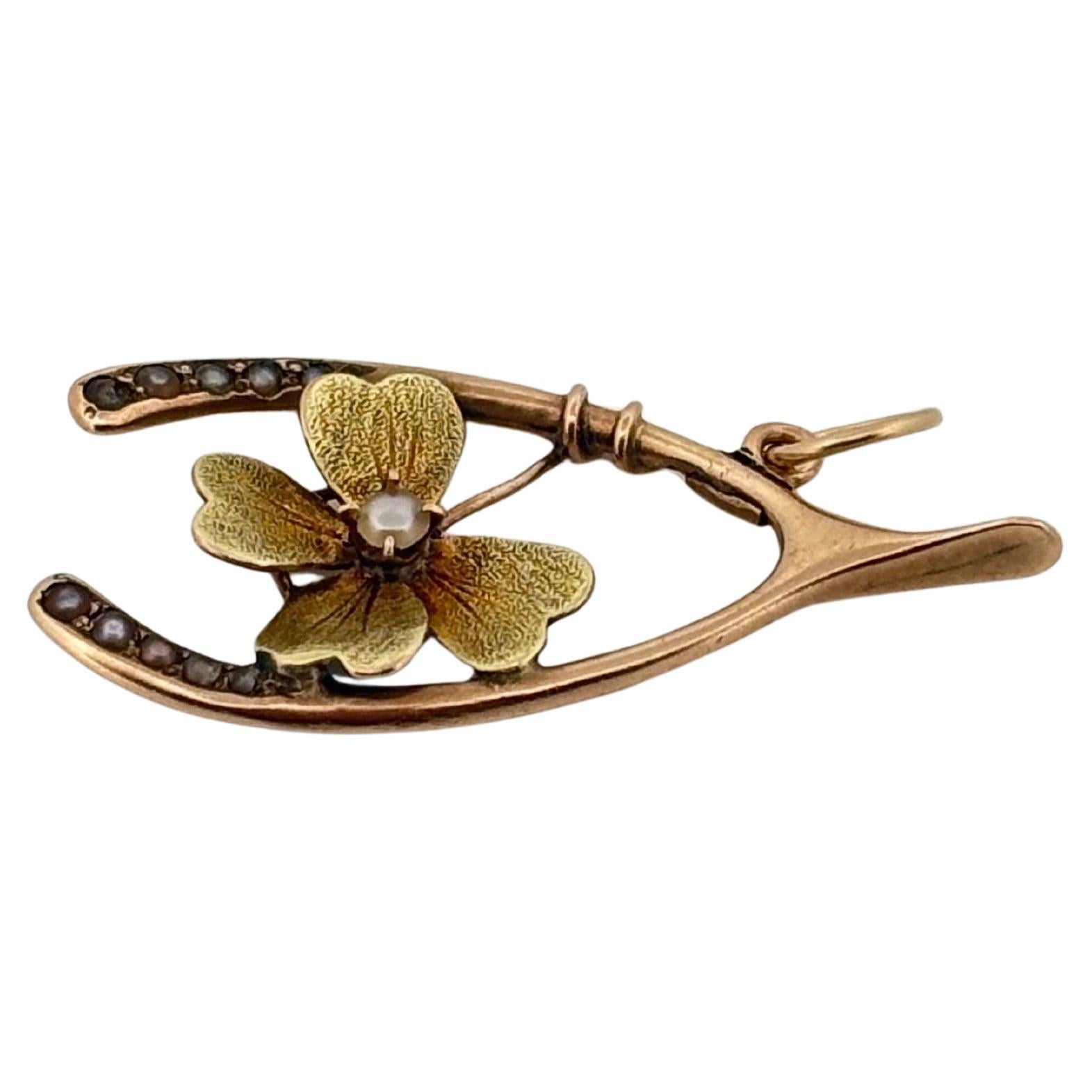 Round Cut Wishbone Seed Pearl 14K Yellow Gold Brushed Flower Antique Pendant For Sale
