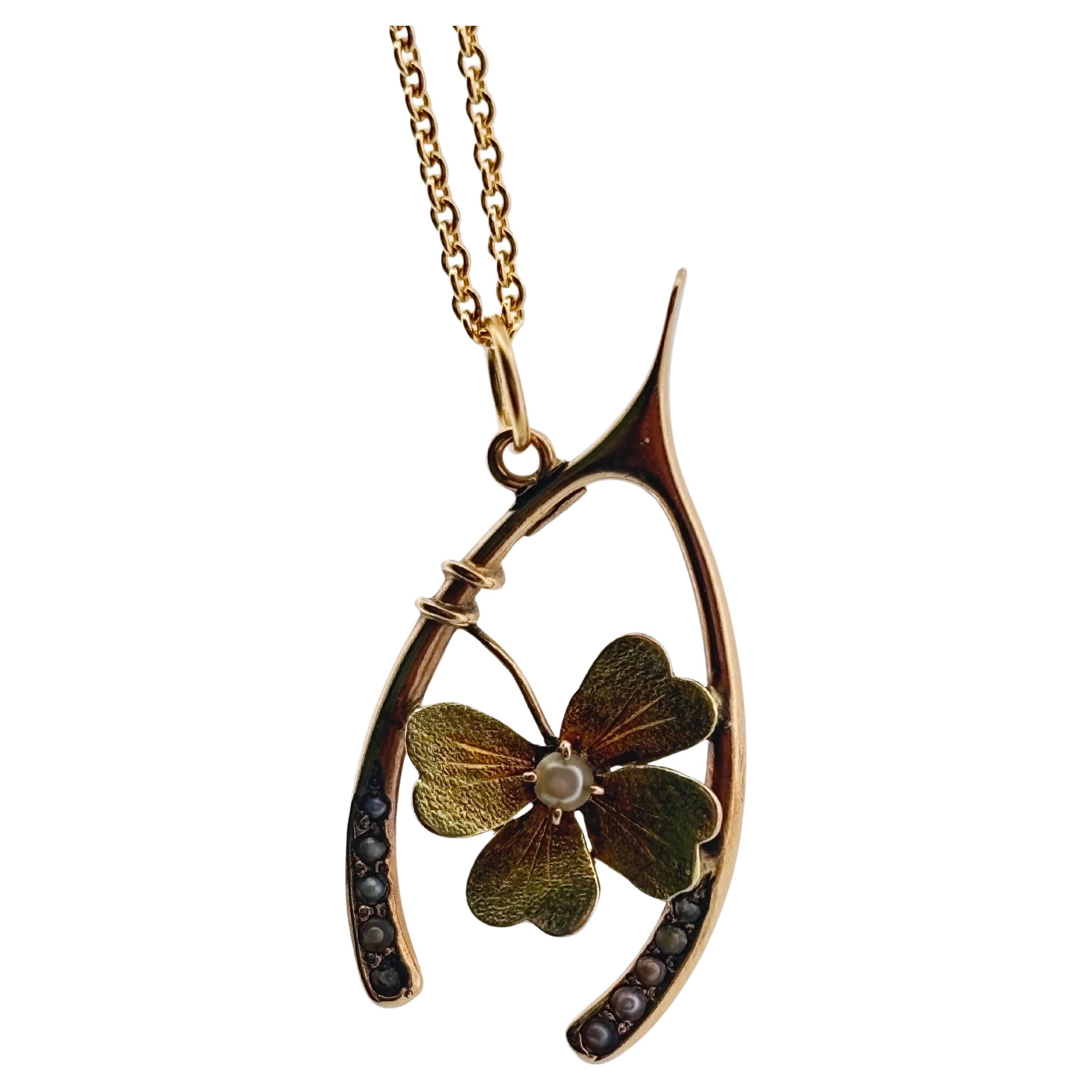 Wishbone Seed Pearl 14K Yellow Gold Brushed Flower Antique Pendant In Good Condition For Sale In Sewickley, PA