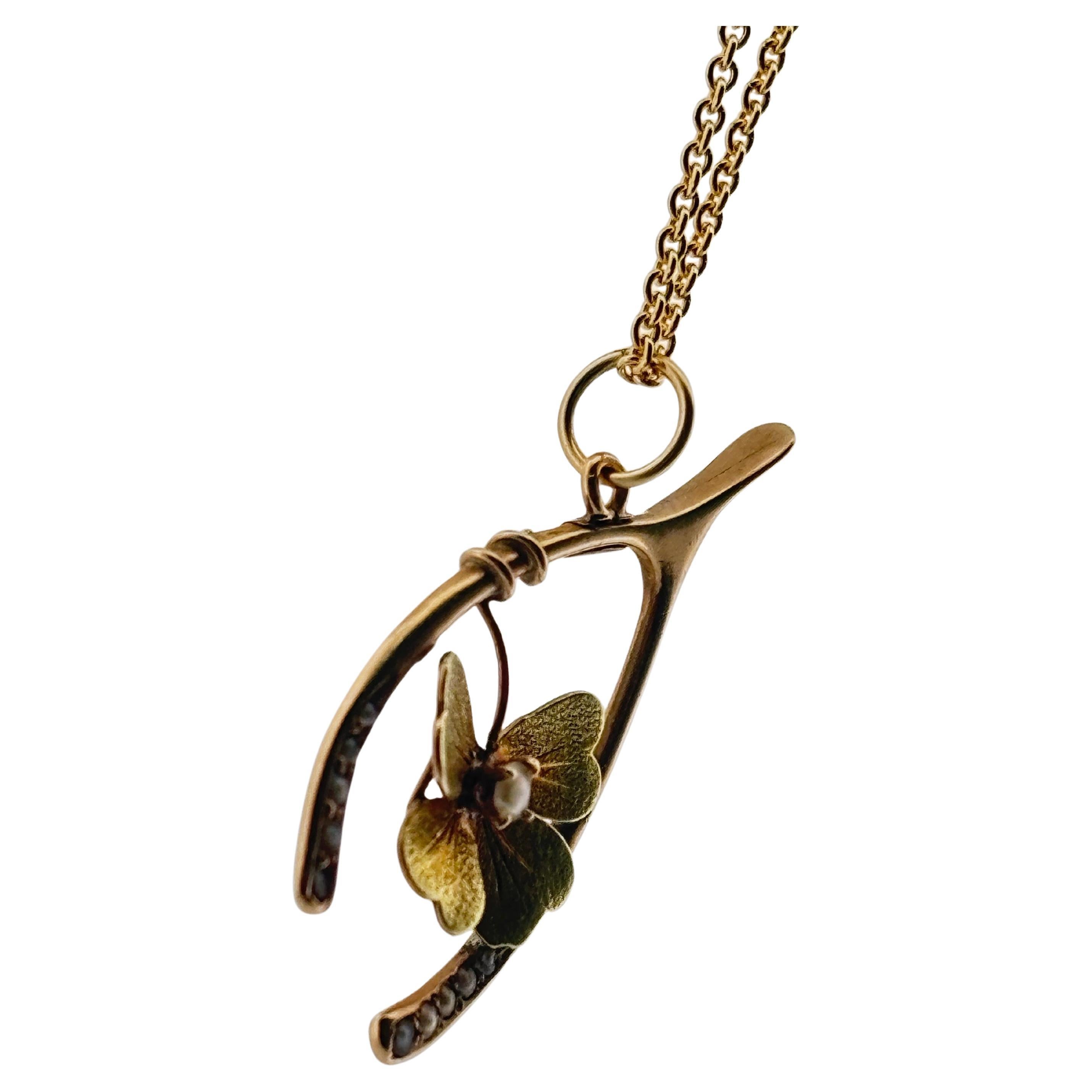 Women's or Men's Wishbone Seed Pearl 14K Yellow Gold Brushed Flower Antique Pendant For Sale