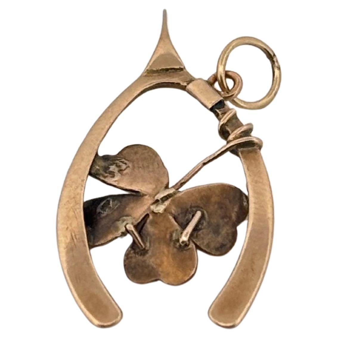 Wishbone Seed Pearl 14K Yellow Gold Brushed Flower Antique Pendant For Sale 1