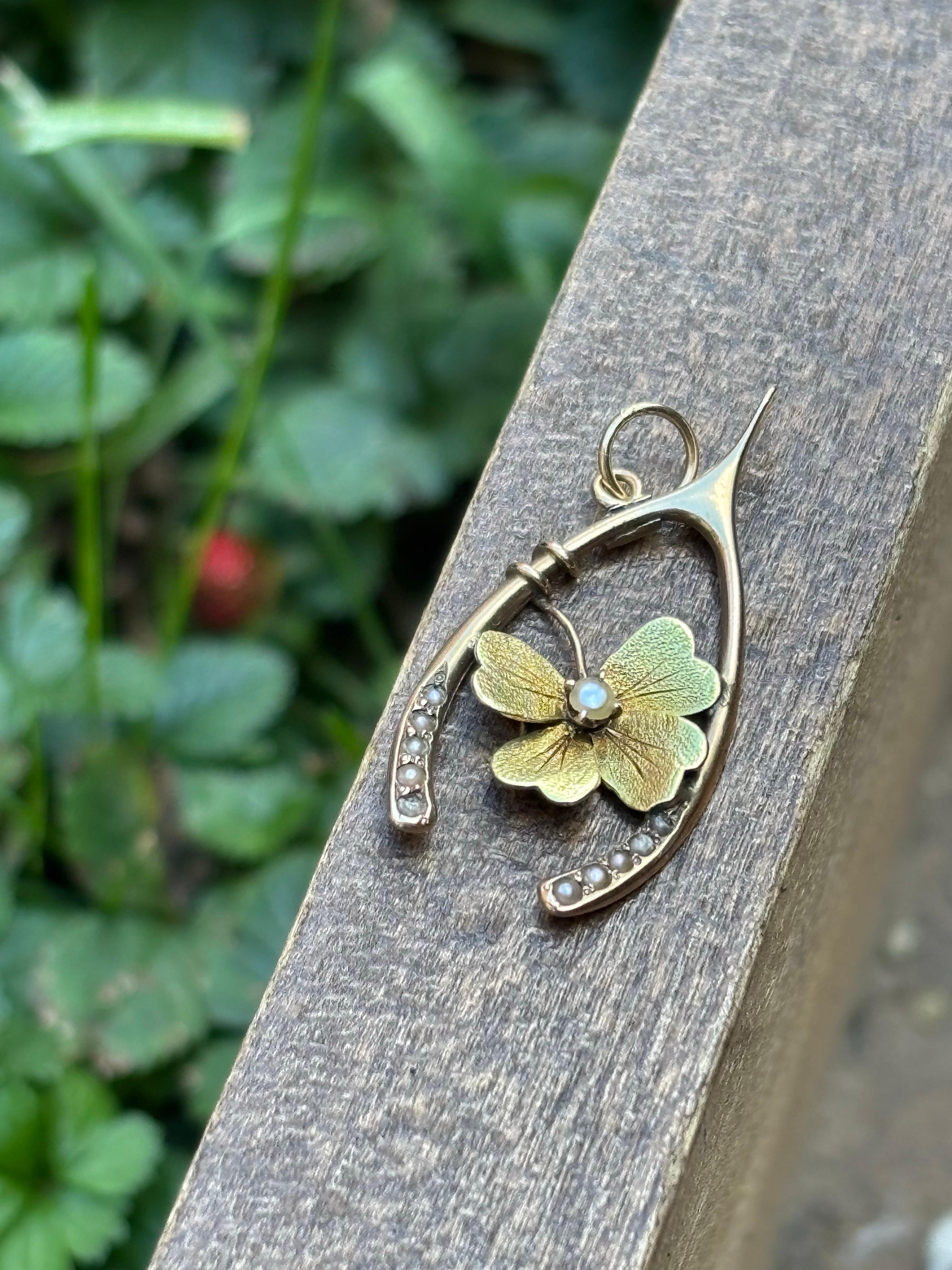 Wishbone Seed Pearl 14K Yellow Gold Brushed Flower Antique Pendant For Sale 3