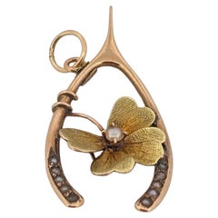 Wishbone Seed Pearl 14K Yellow Gold Brushed Flower Antique Pendant