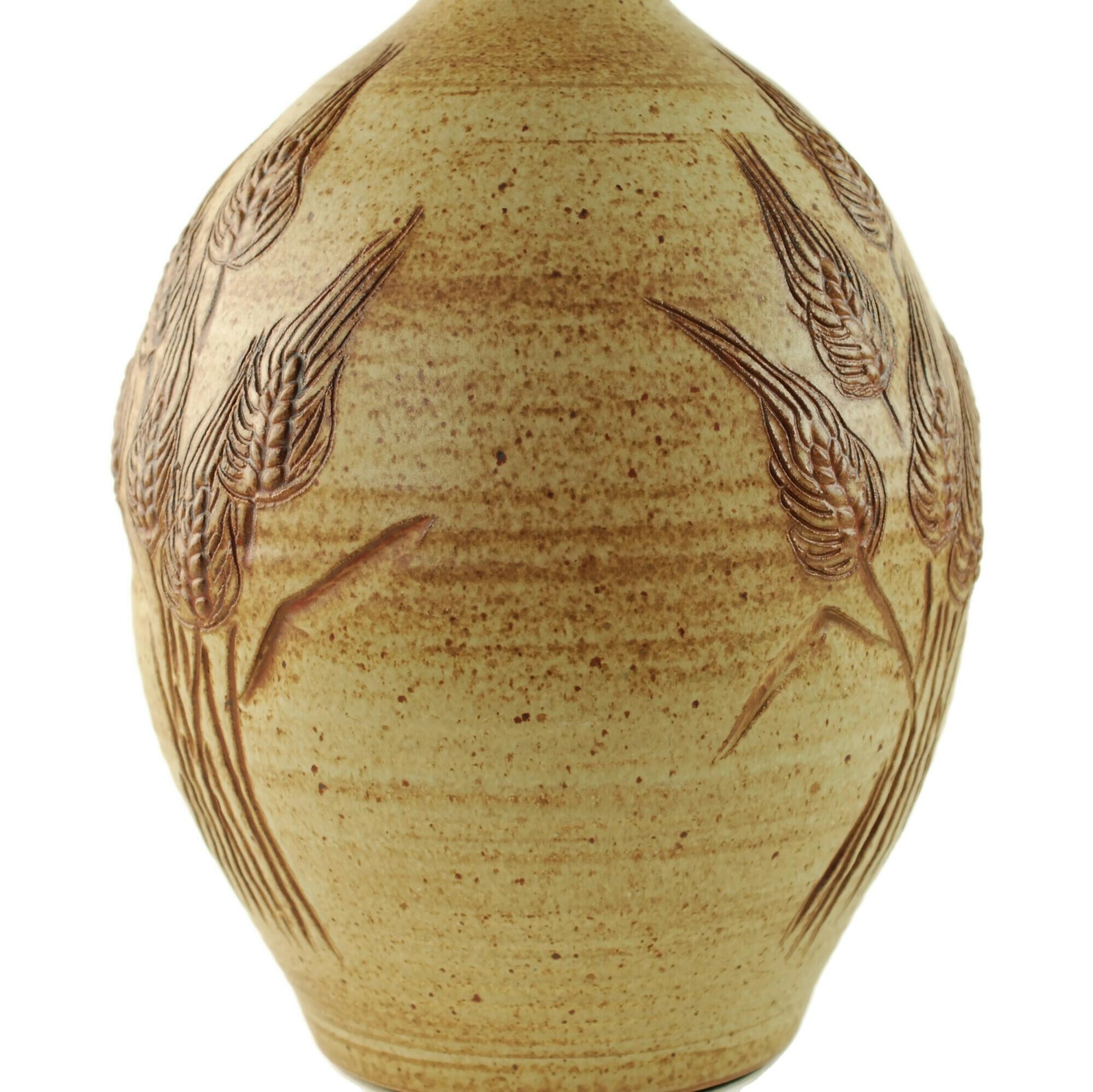 Glazed Wishon-Harrell Stoneware Table Lamp with Hand Carved Wheat Motif For Sale