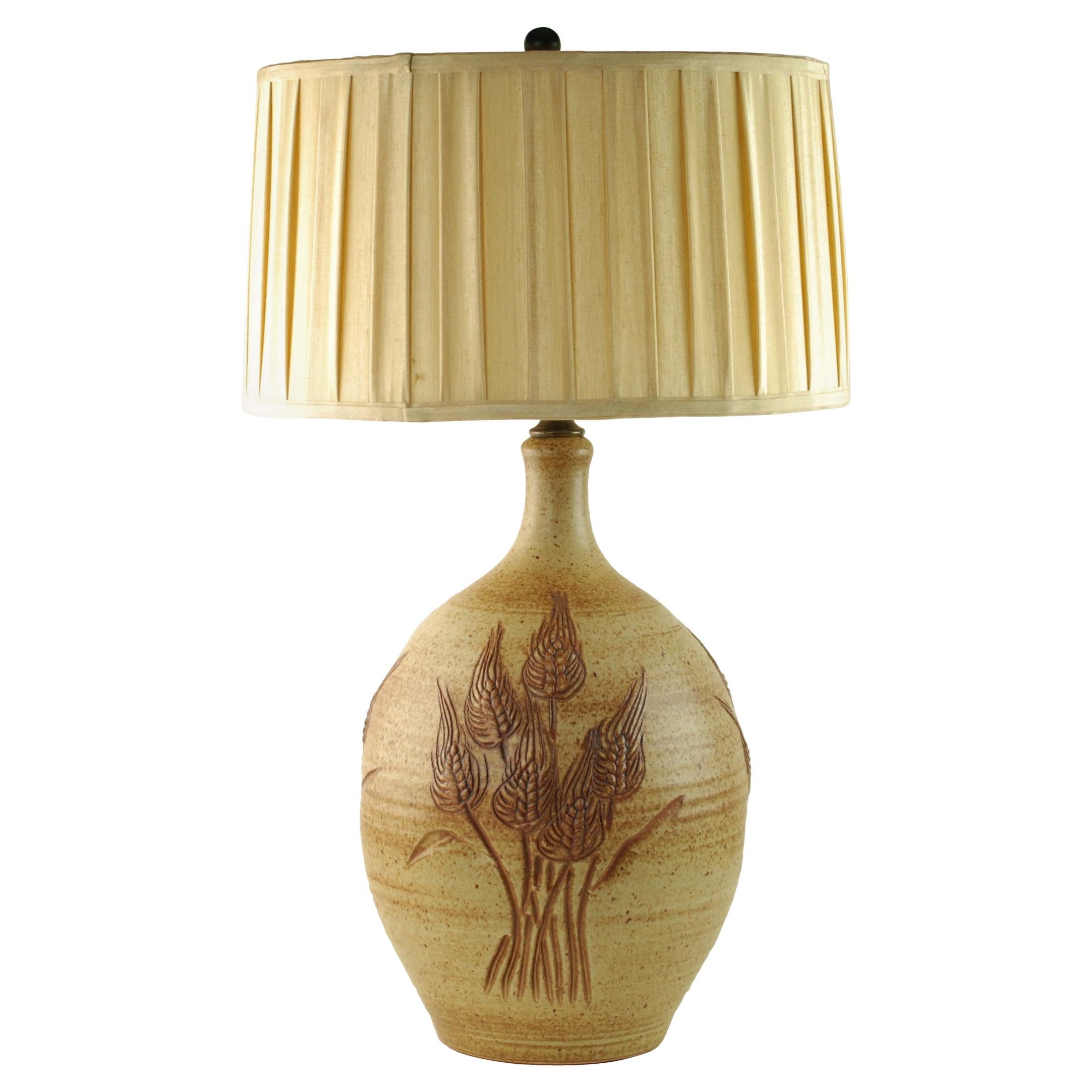 Wishon-Harrell Stoneware Table Lamp with Hand Carved Wheat Motif For Sale