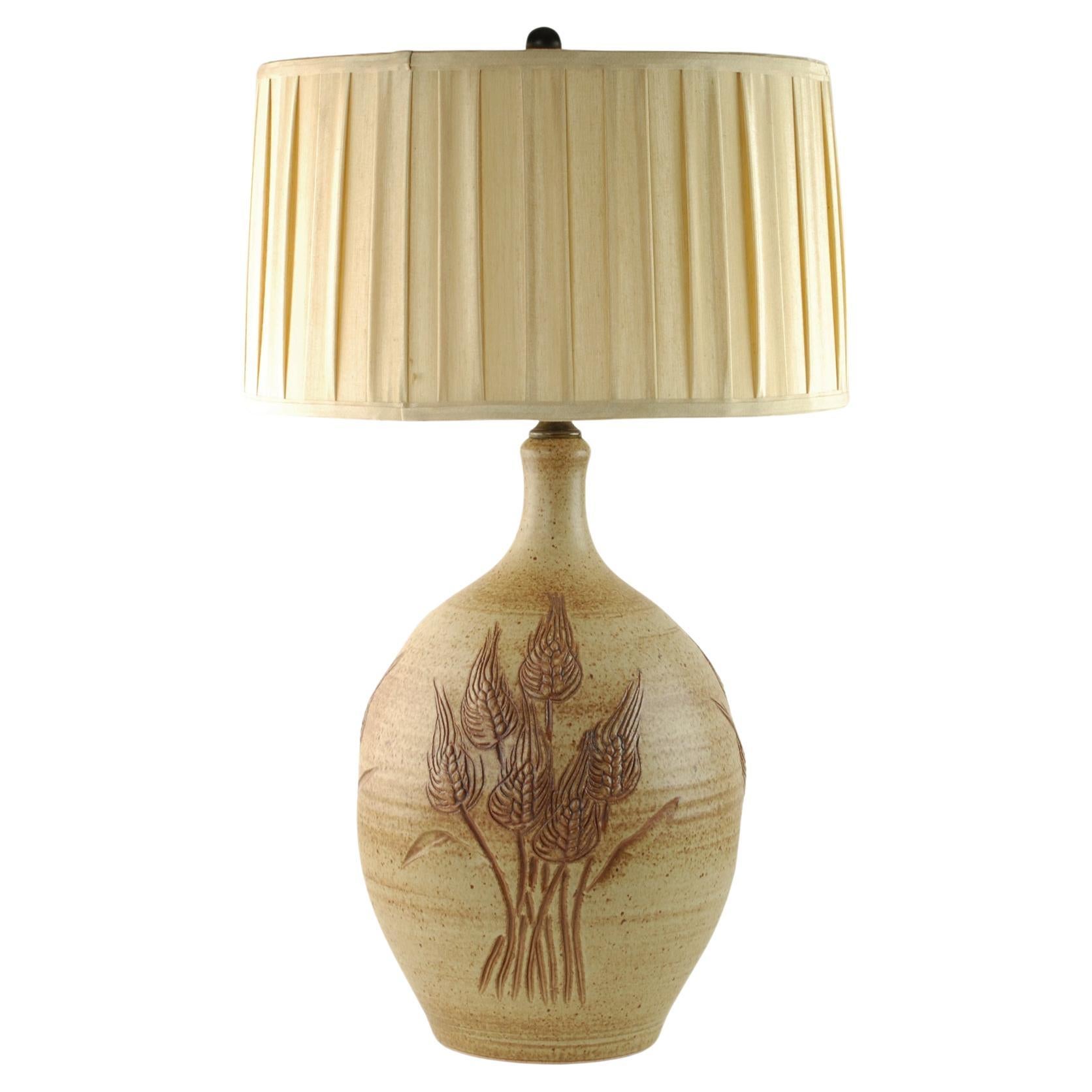 Wishon-Harrell Stoneware Table Lamp with Hand Carved Wheat Motif