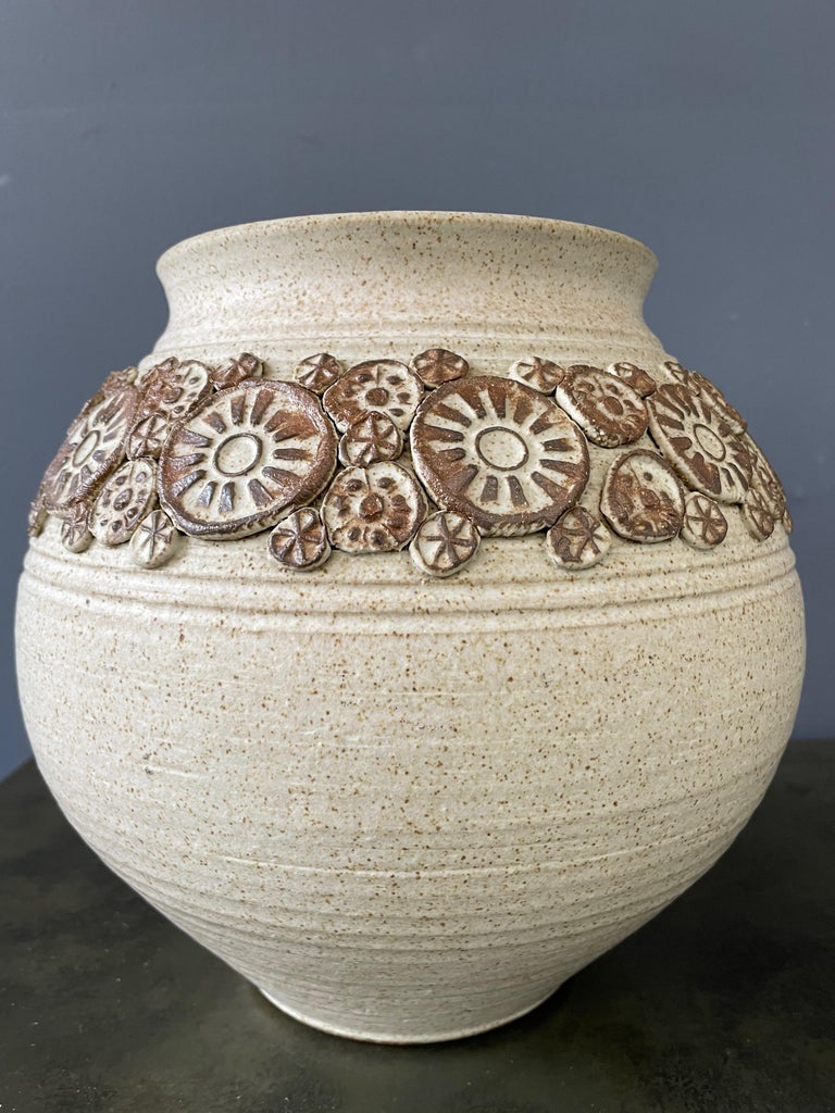 Mid-Century Modern Wishon-Harrell Studio Art Pottery Ceramic Lidded Vase with Appliqué Decoration For Sale
