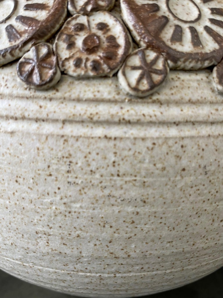 20th Century Wishon-Harrell Studio Art Pottery Ceramic Lidded Vase with Appliqué Decoration For Sale