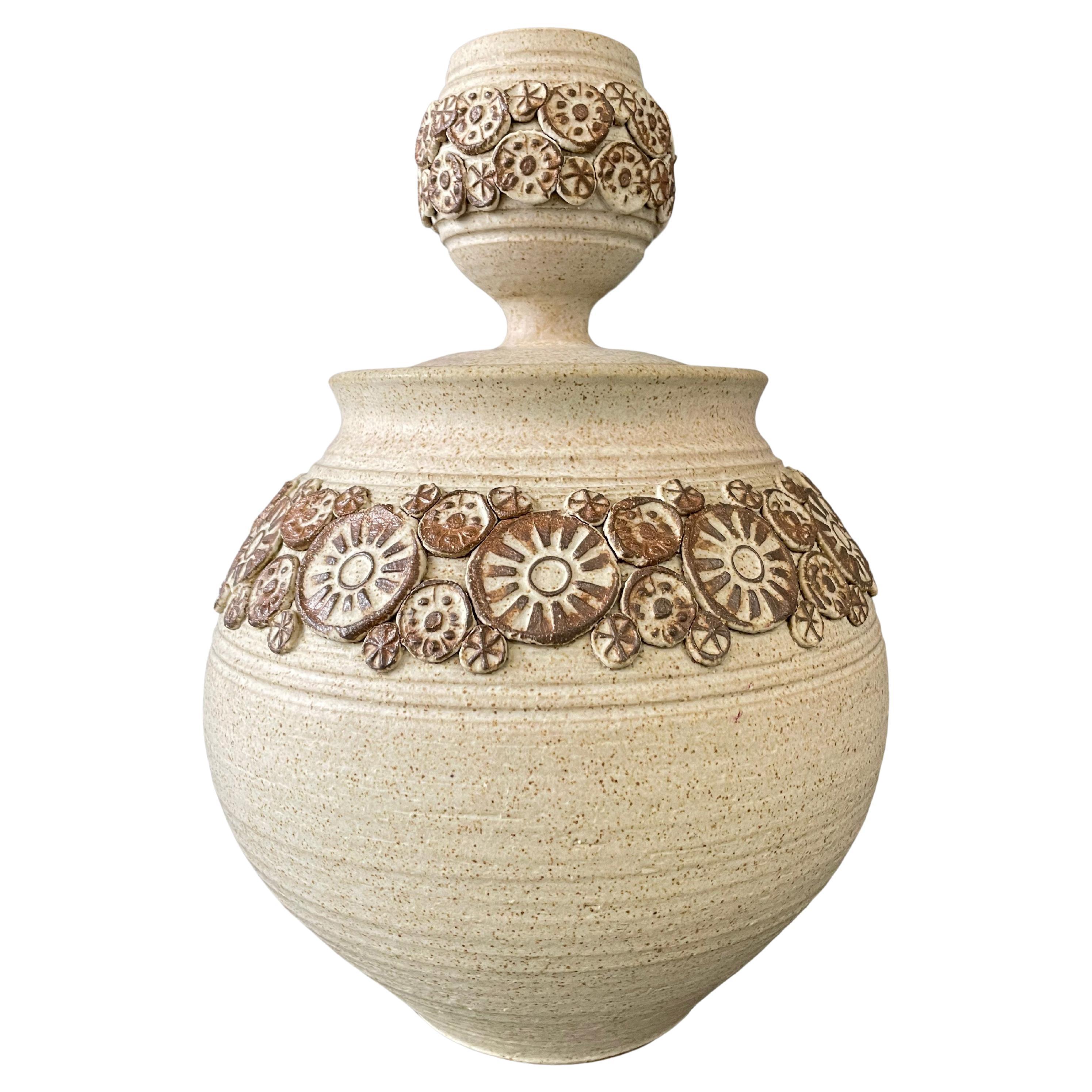 Wishon-Harrell Studio Art Pottery Ceramic Lidded Vase with Appliqué Decoration For Sale
