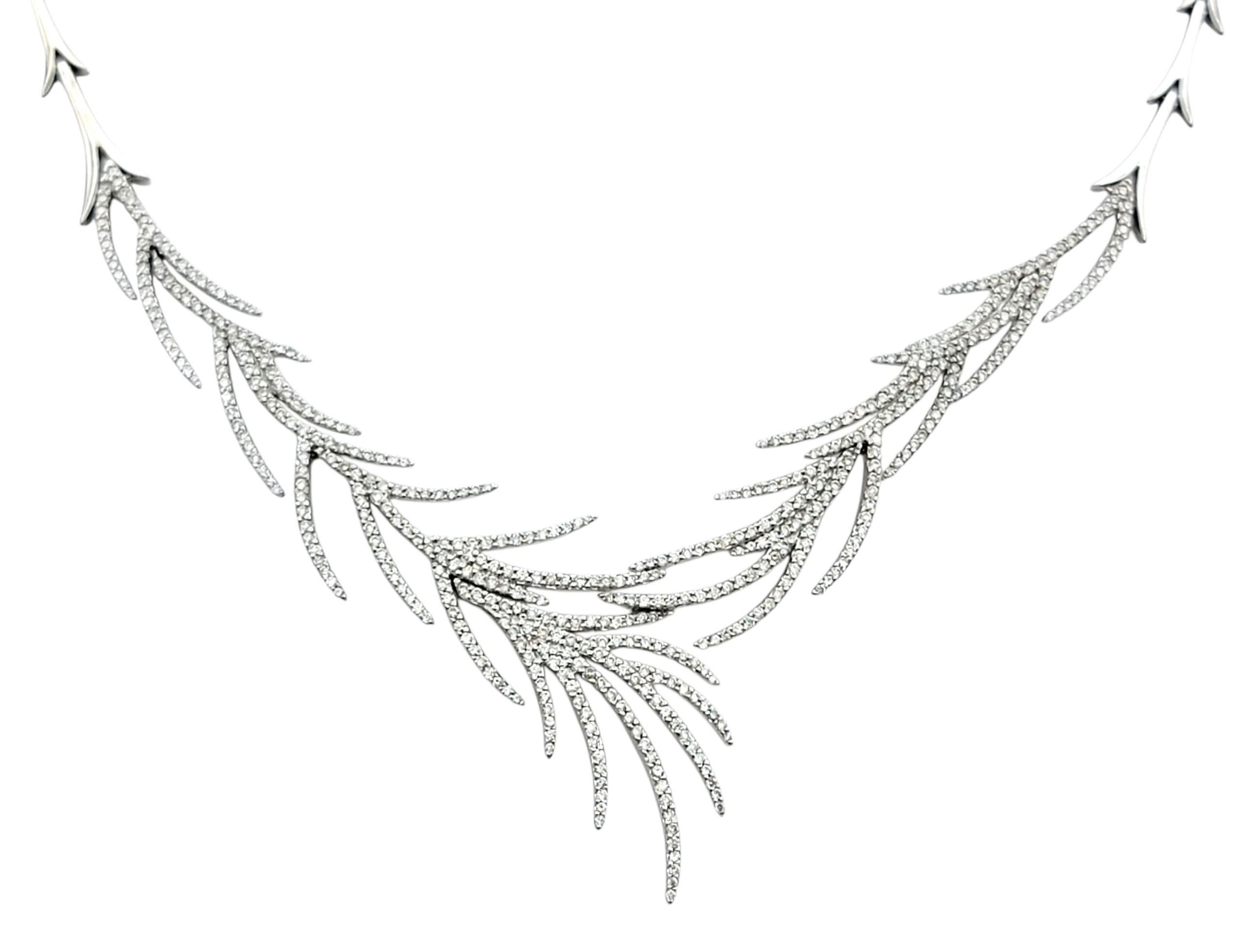 Contemporary Wispy Pavé Diamond Botanical Motif Bib Necklace in 14 Karat White Gold For Sale
