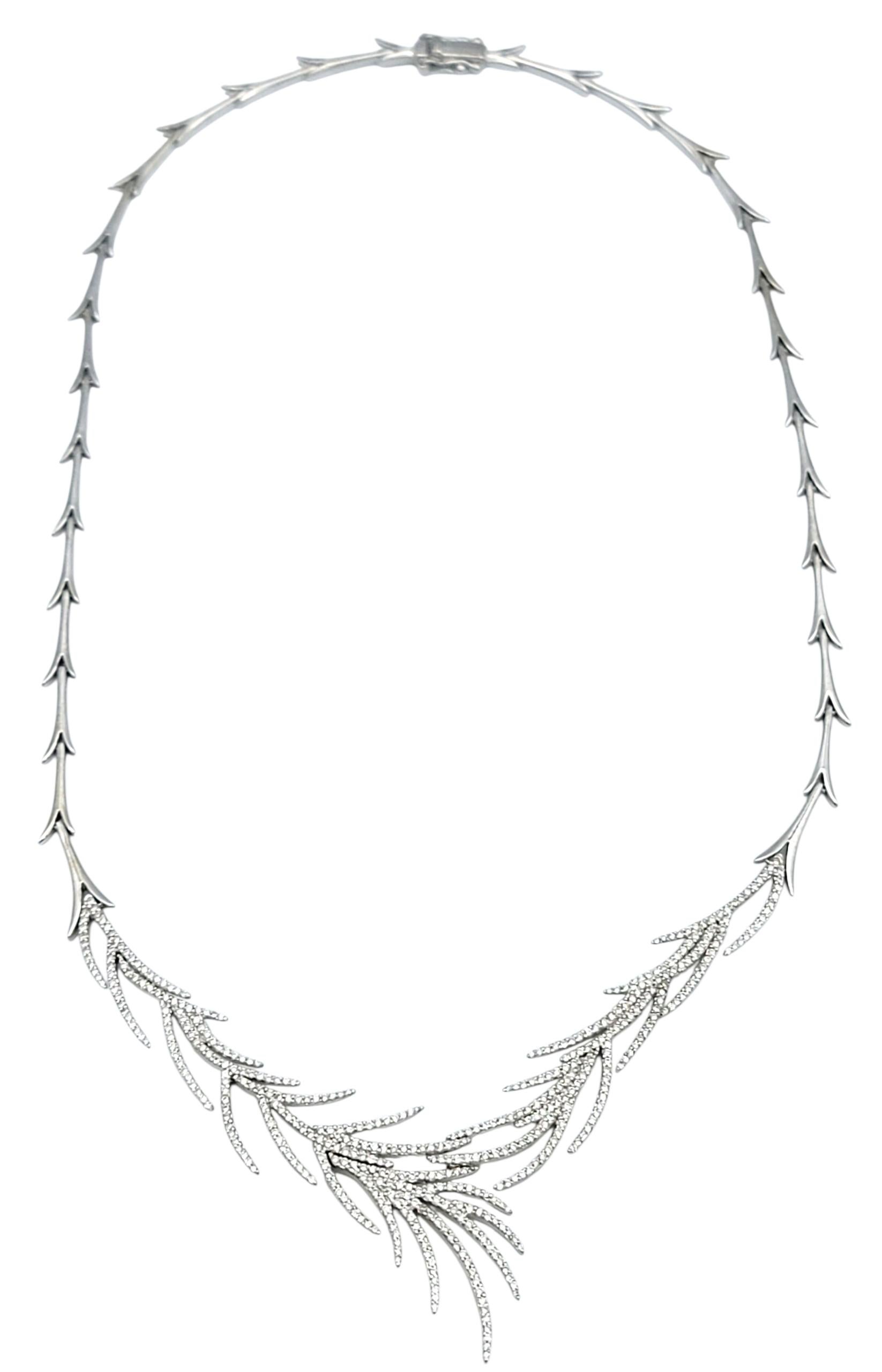 Round Cut Wispy Pavé Diamond Botanical Motif Bib Necklace in 14 Karat White Gold For Sale
