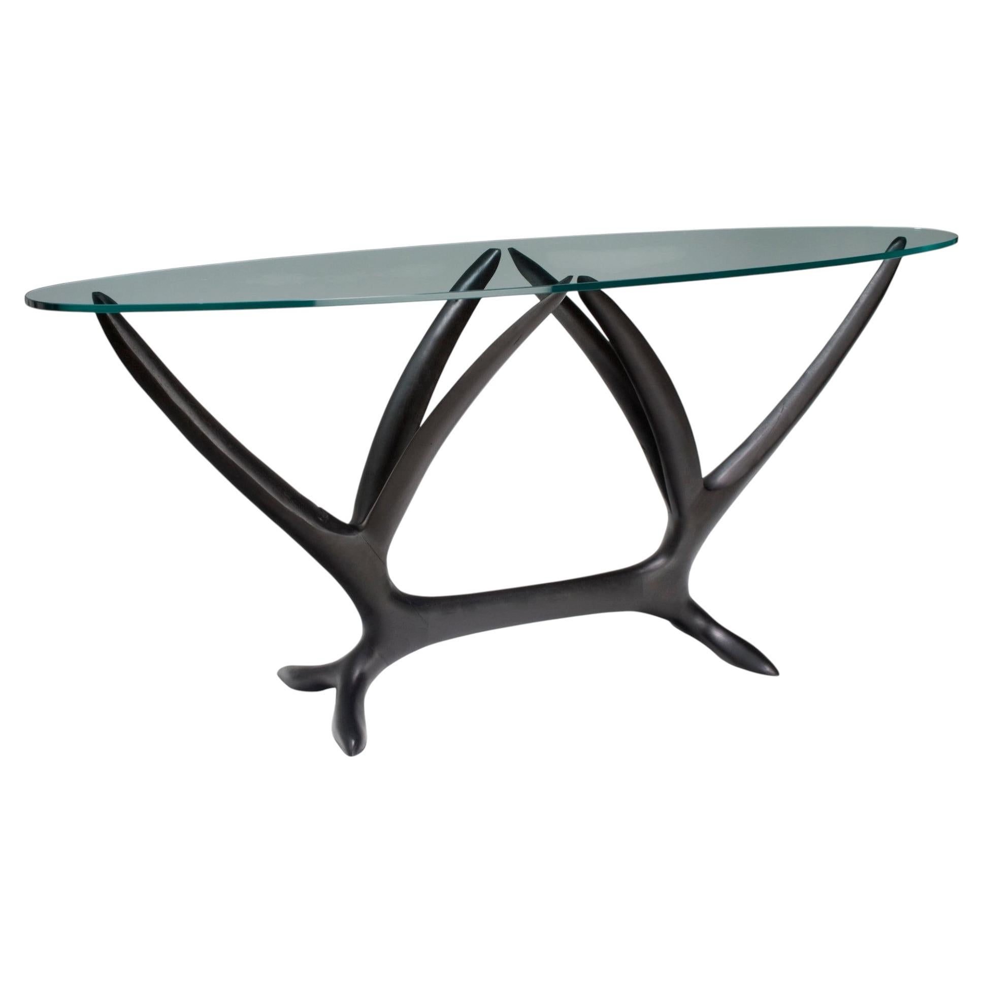 Wisteria Console in Ebonized Wood & Oval Glass Top by Brian Fireman Design For Sale