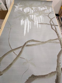 Wisteria Wallpaper Hand Painted Wallpaper on Gray Silk- Accept Custom Size