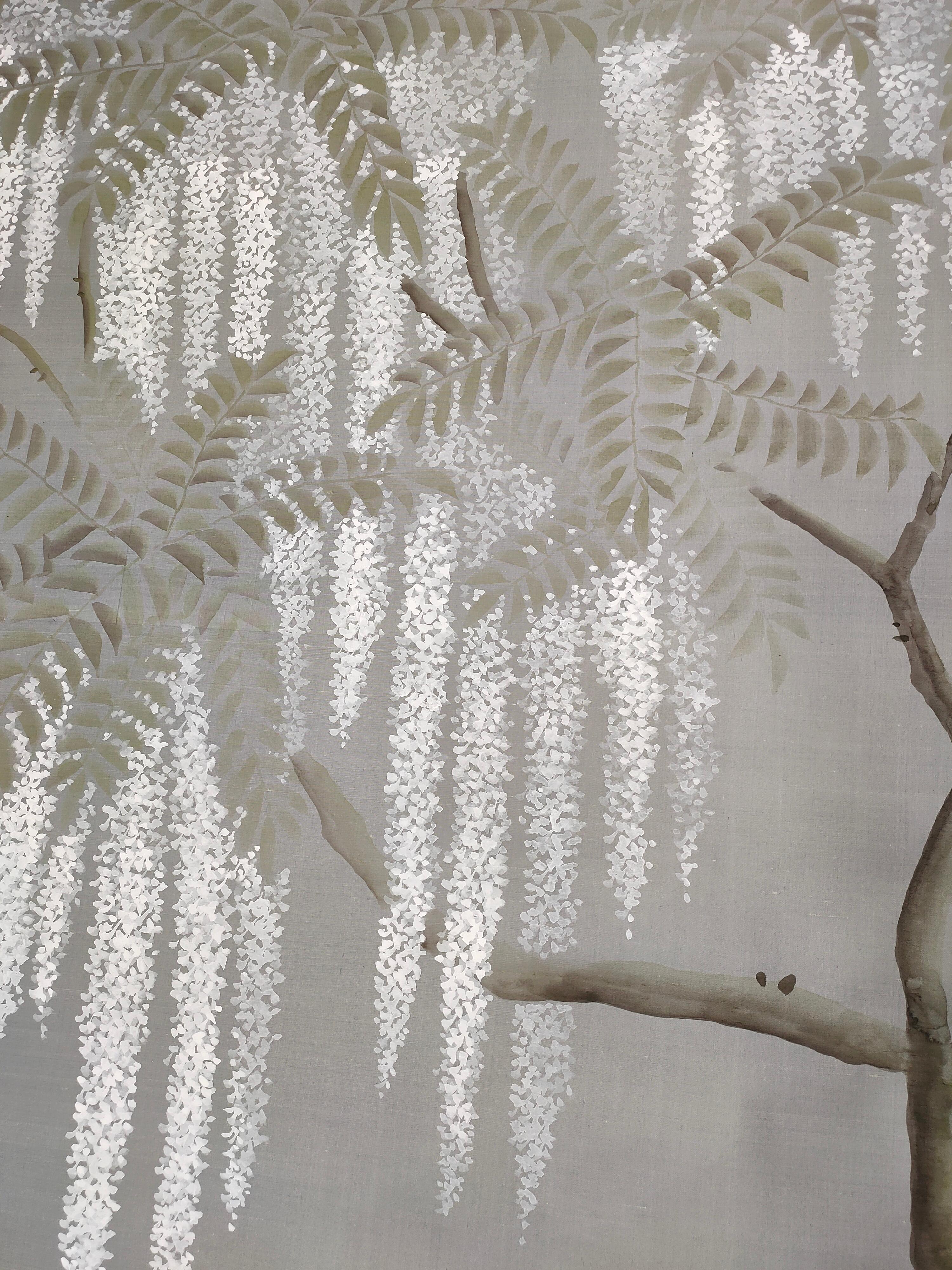 Contemporary Wisteria Wallpaper Hand Painted Wallpaper on Gray Silk- Accept Custom Size For Sale