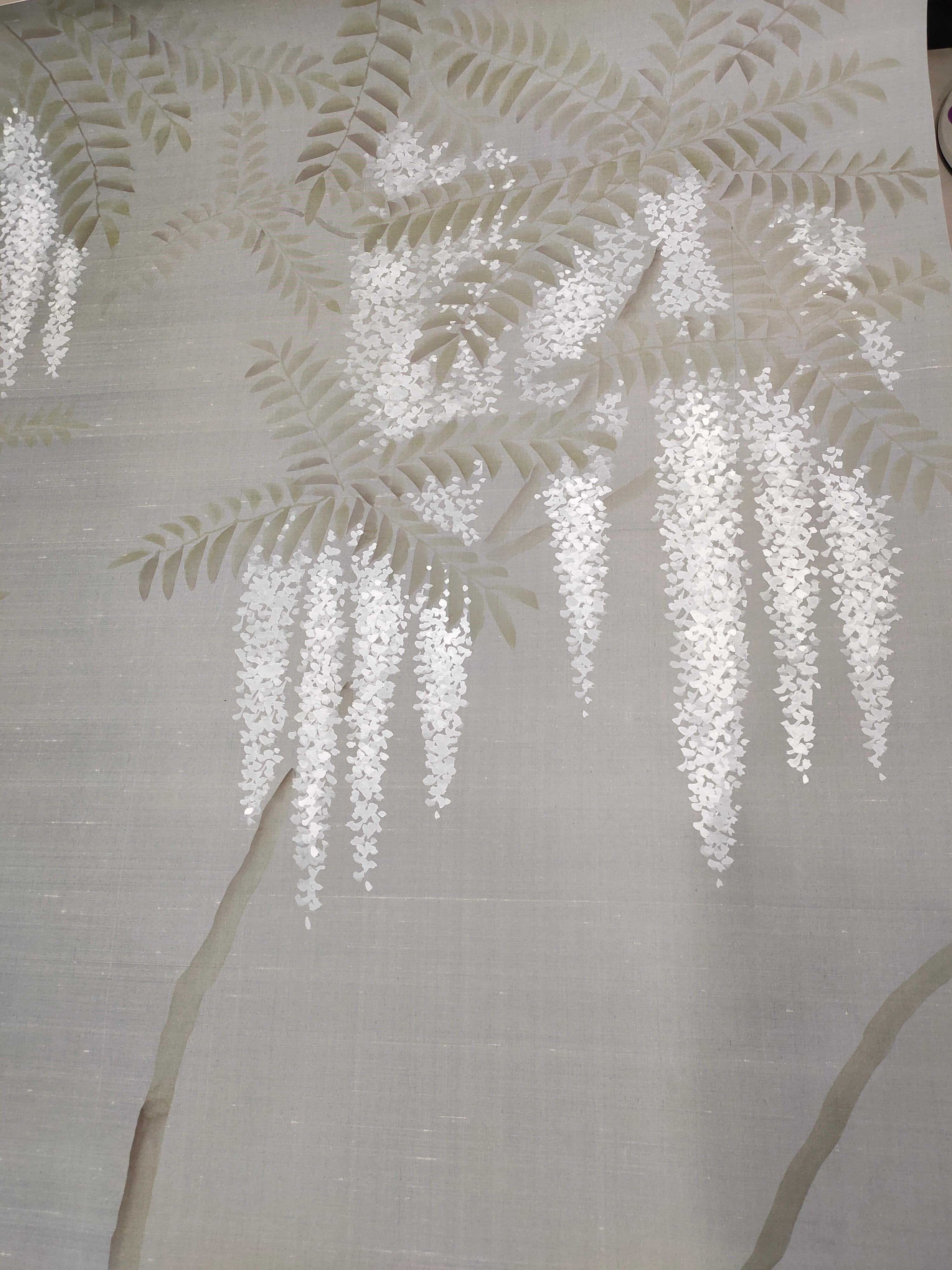 Wisteria Wallpaper Hand Painted Wallpaper on Gray Silk- Accept Custom Size For Sale 1