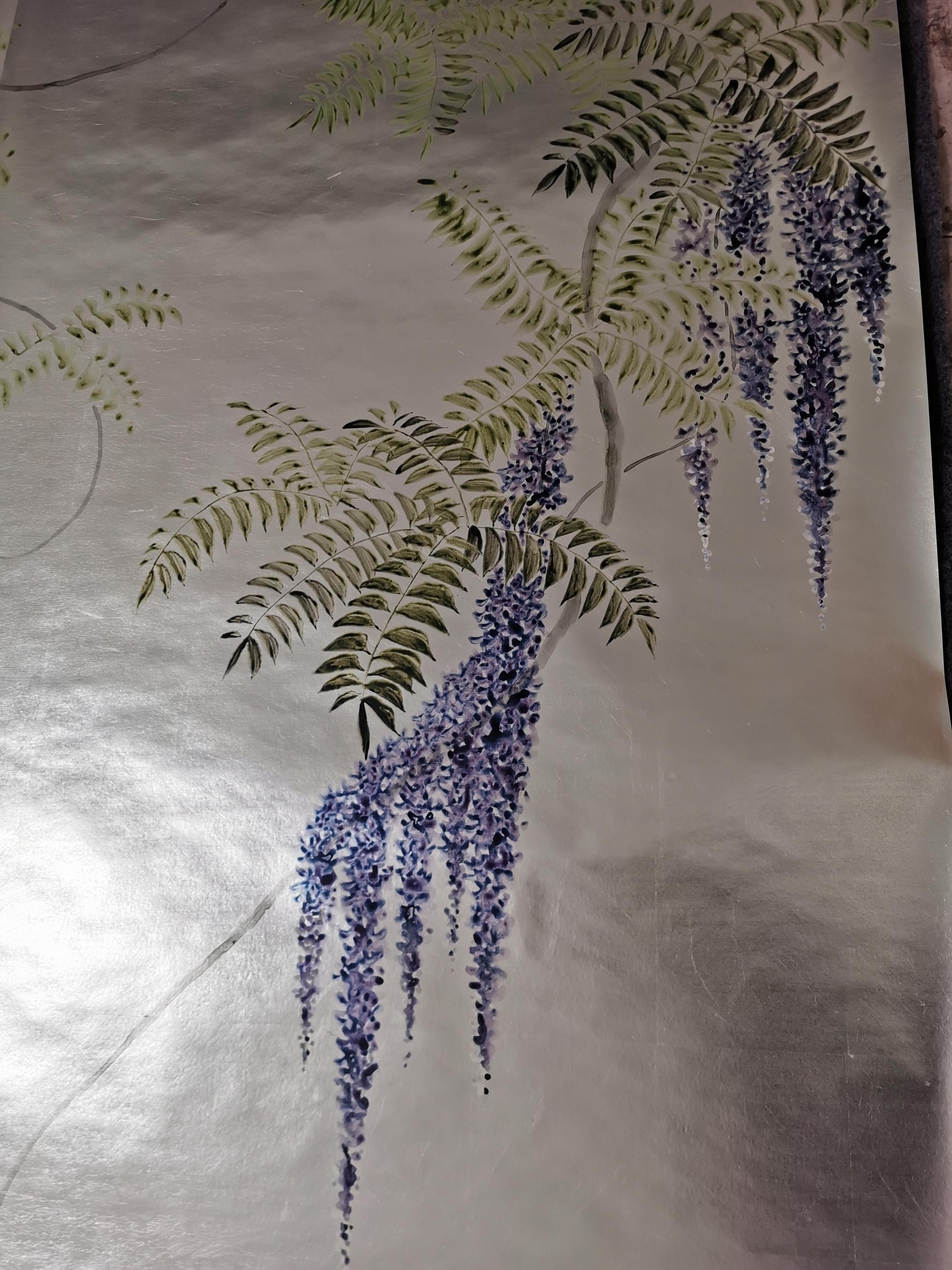 Papier peint à la main papier peint Wisteria sur panneau métallique argenté Neuf - En vente à Wuxi, 32