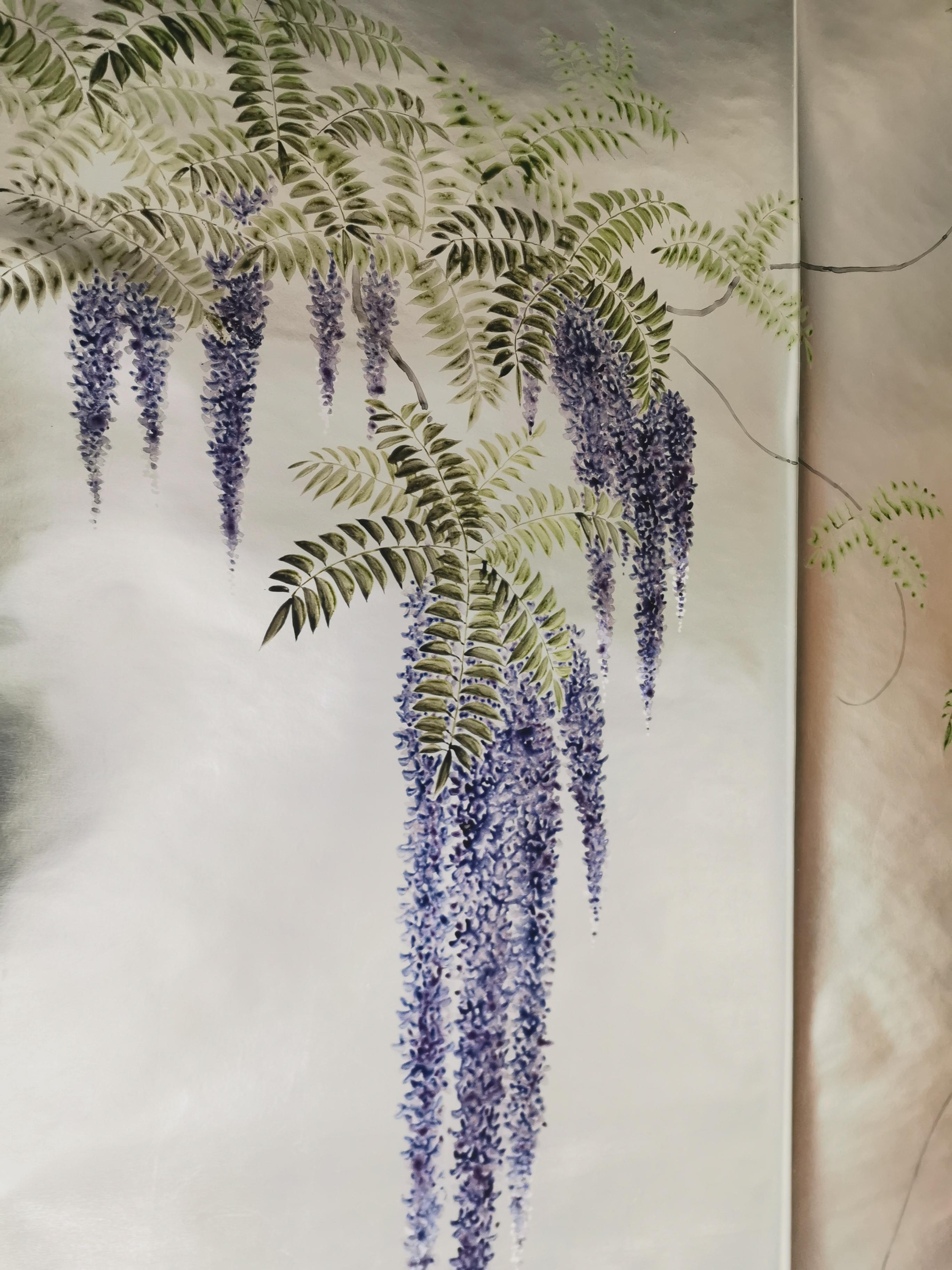 Chinese Wisteria Wallpaper Hand Painted Wallpaper on Silver Metallic Panel For Sale