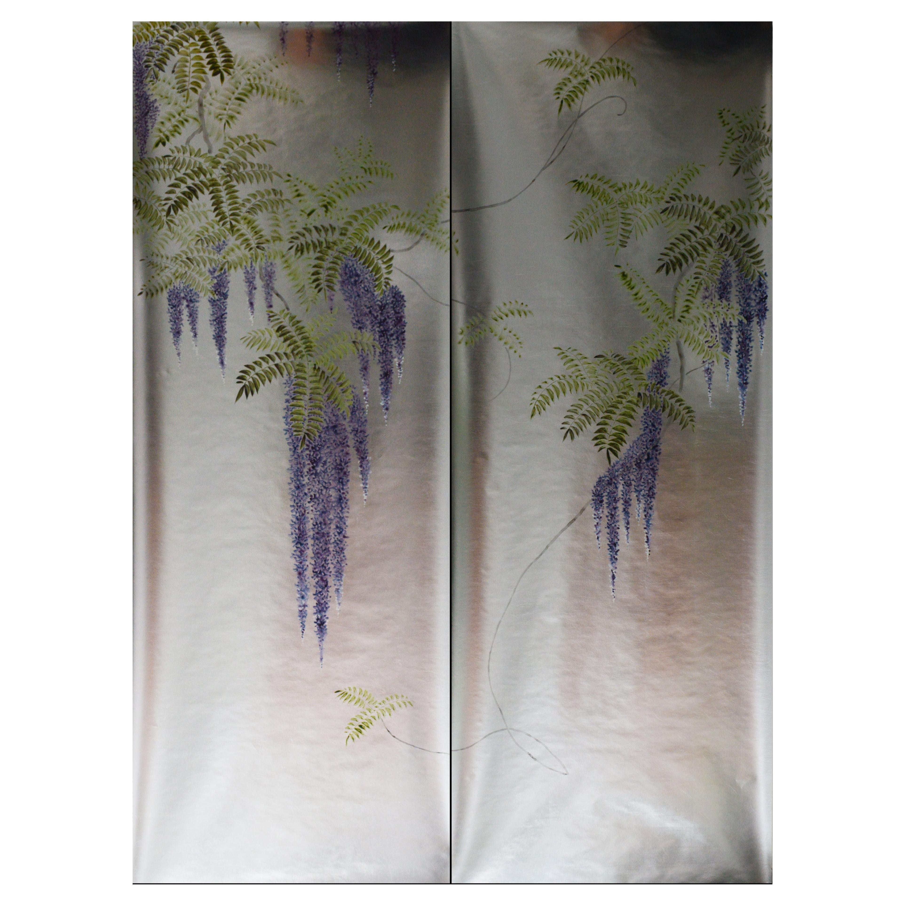 Wisteria Wallpaper Hand Painted Wallpaper on Silver Metallic Panel For Sale