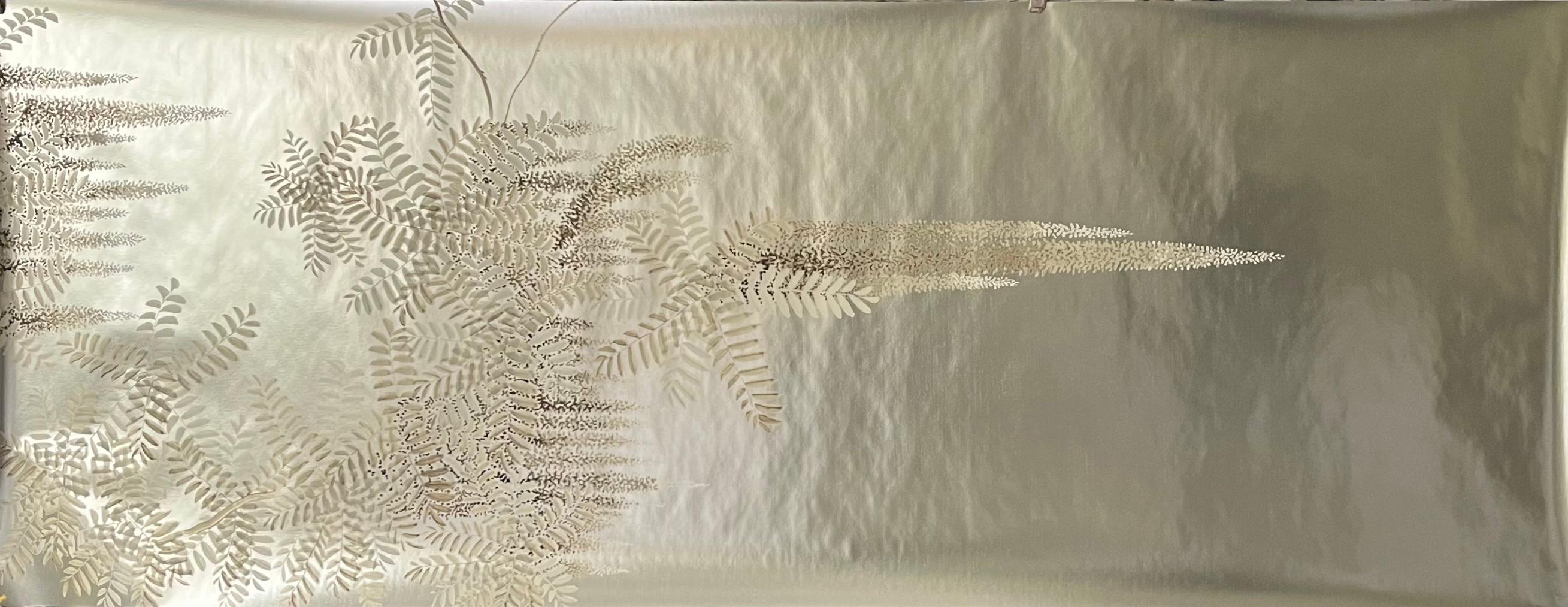 Chinese Wisteria Wallpaper Hand Painted Wallpaper on Silver Metallic Panel For Sale