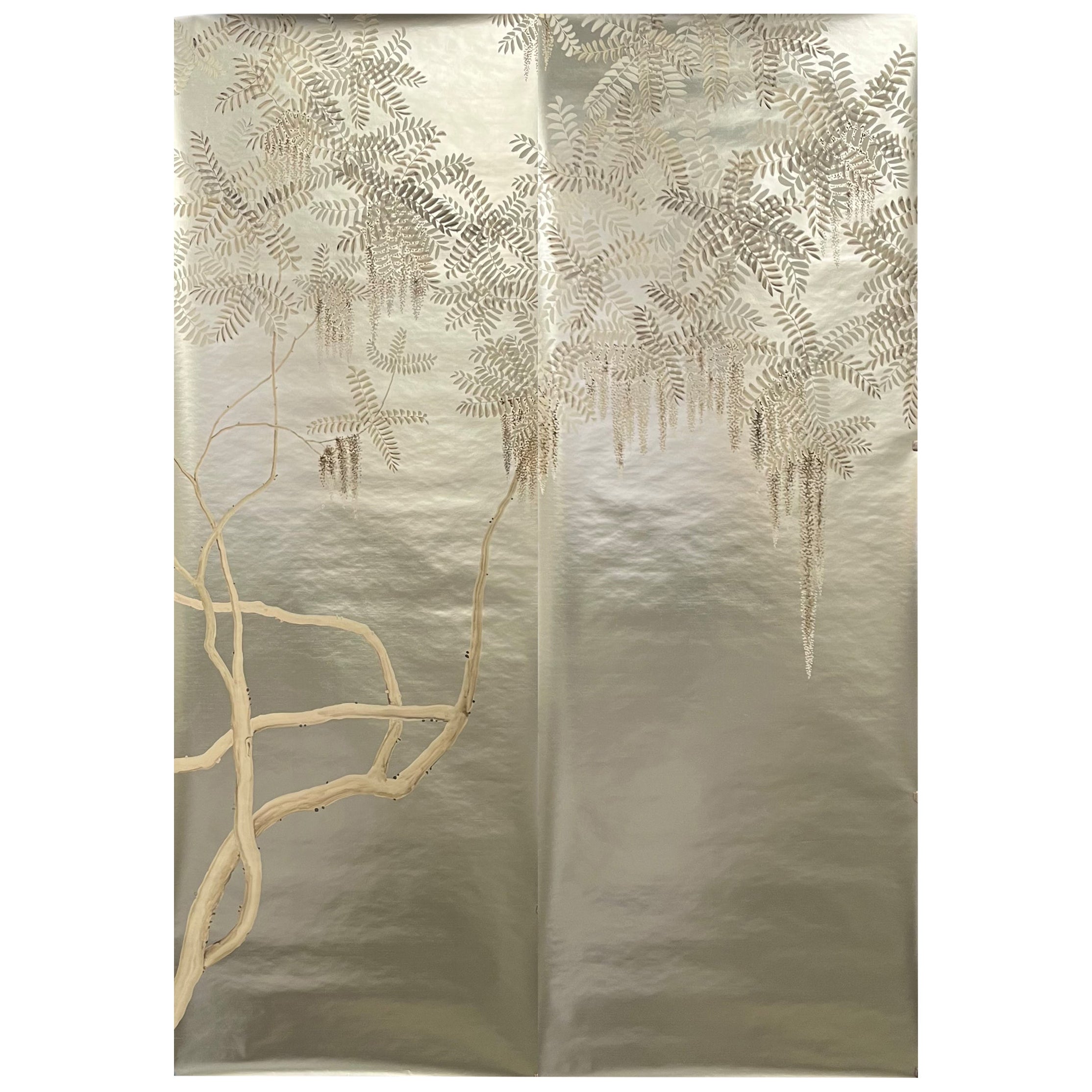 Wisteria-Tapete, handbemalte Wandteppich auf silbernem Metallic-Paneel im Angebot