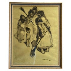"Ragazza circondata da streghe" di Manuel Monedero, acquerello su fondo dorato, 1925-2002