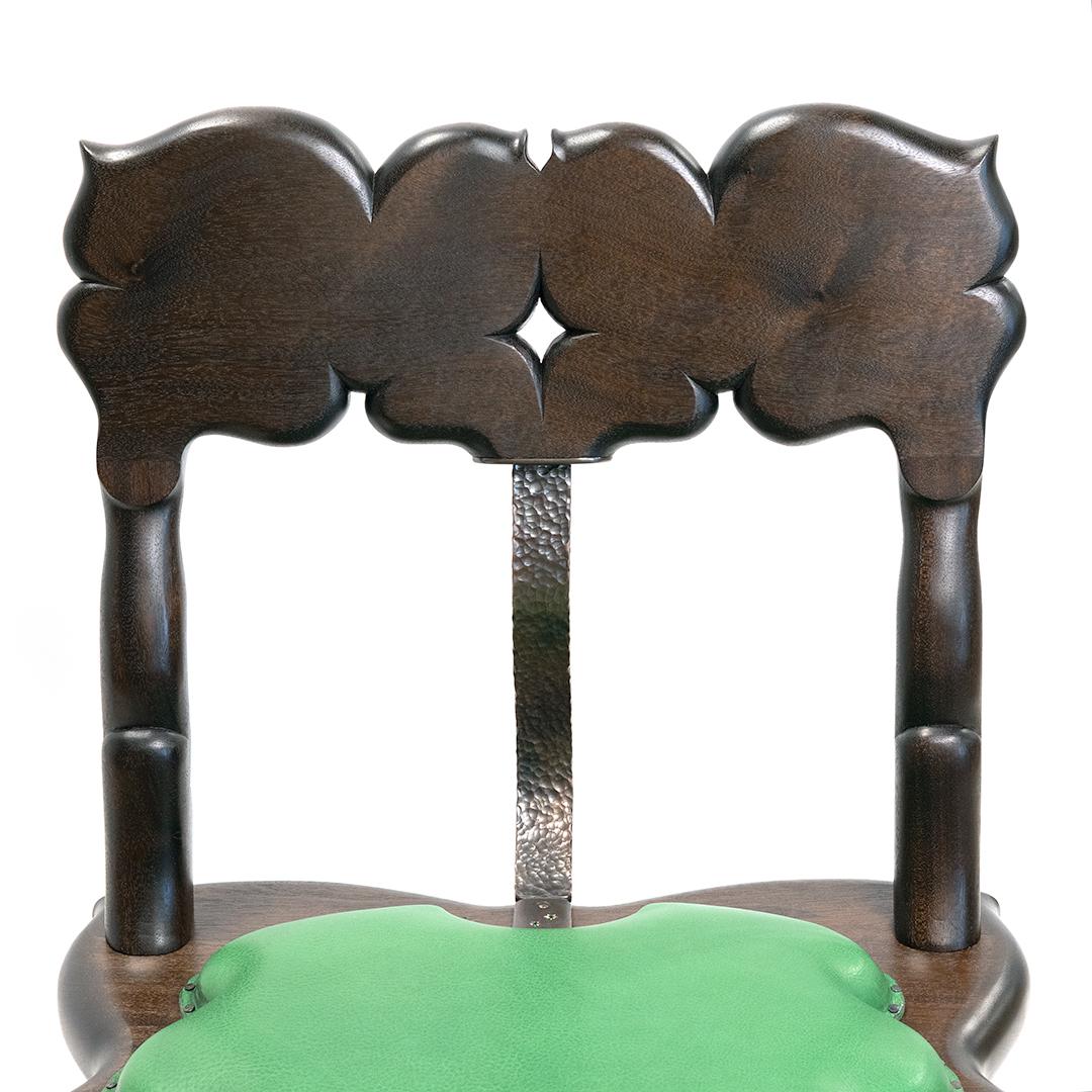 Hand-Carved Witch's Chair – Handmade Carved Dark Wood Gothic Side Chair w/ Leather Seat For Sale