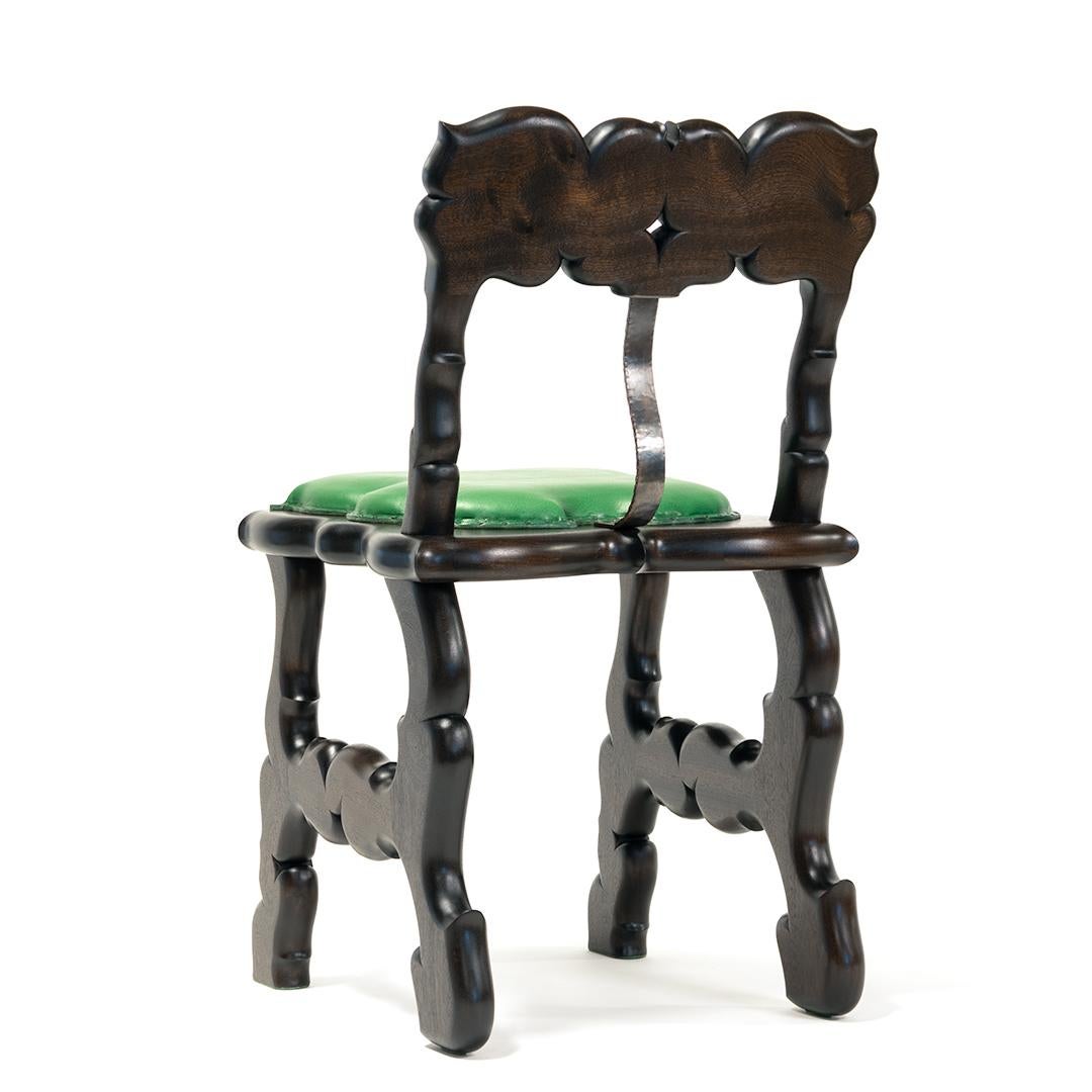 Witch's Chair – Handmade Carved Dark Wood Gothic Side Chair w/ Leather Seat In New Condition For Sale In Philadelphia, PA