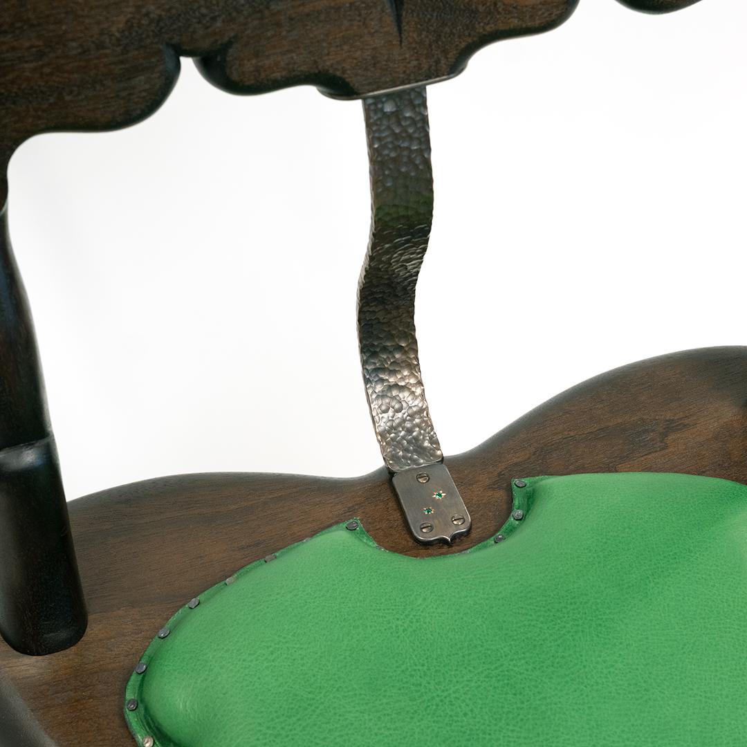 Contemporary Witch's Chair – Handmade Carved Dark Wood Gothic Side Chair w/ Leather Seat For Sale