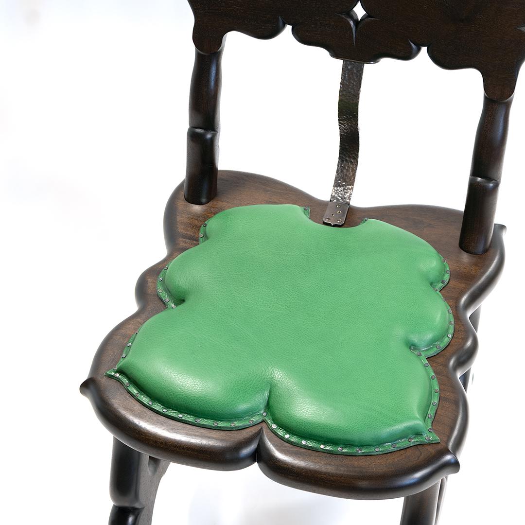 Copper Witch's Chair – Handmade Carved Dark Wood Gothic Side Chair w/ Leather Seat For Sale