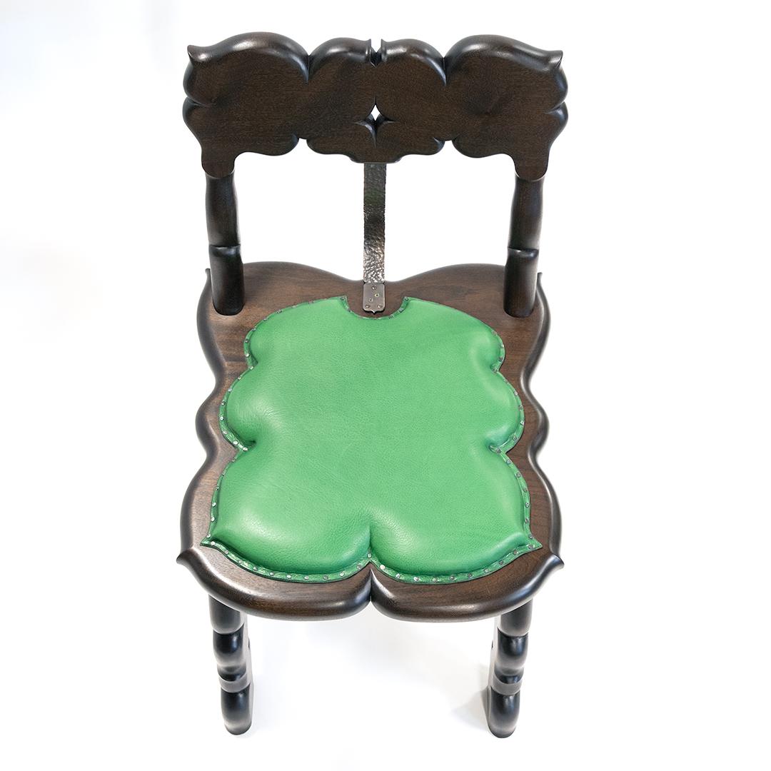 Witch's Chair – Handmade Carved Dark Wood Gothic Side Chair w/ Leather Seat For Sale 1