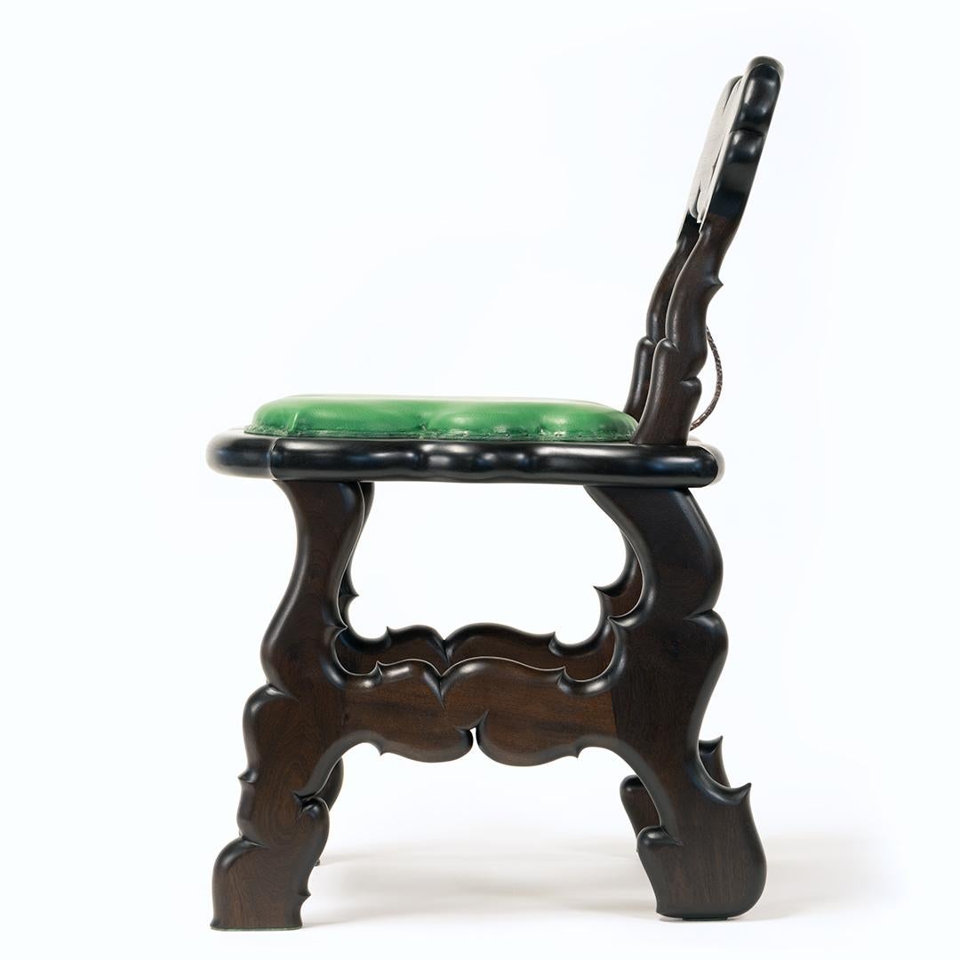 Witch's Chair – Handmade Carved Dark Wood Gothic Side Chair w/ Leather Seat For Sale 2
