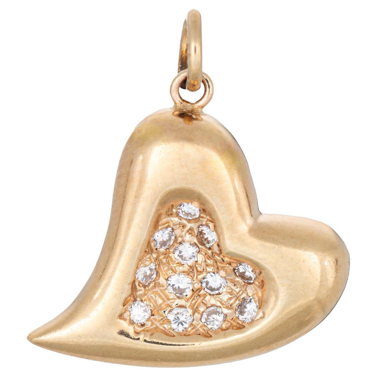 Ciondolo a forma di cuore di strega con diamante vintage in oro giallo 14 ct.