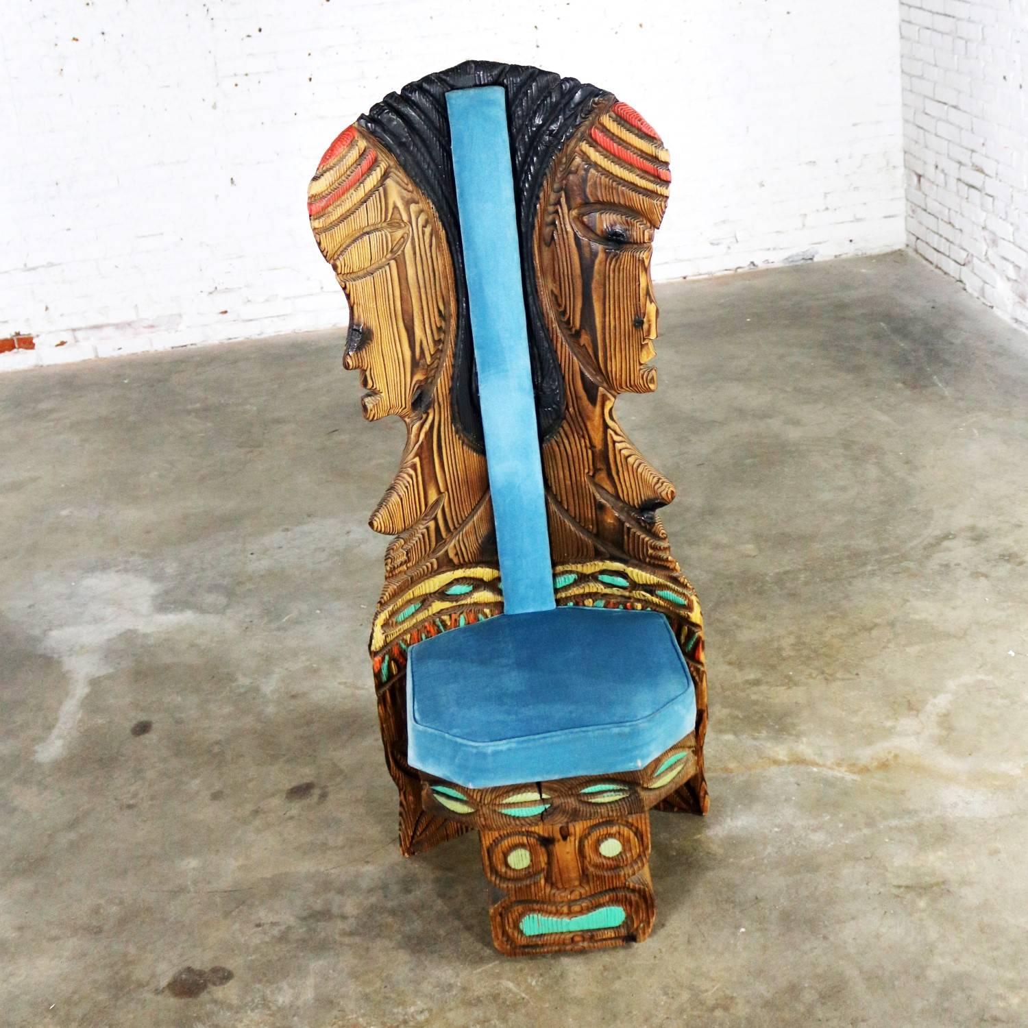 Witco Female Tiki Chair Carved Tiki Females Midcentury Blue Velvet Upholstery 3