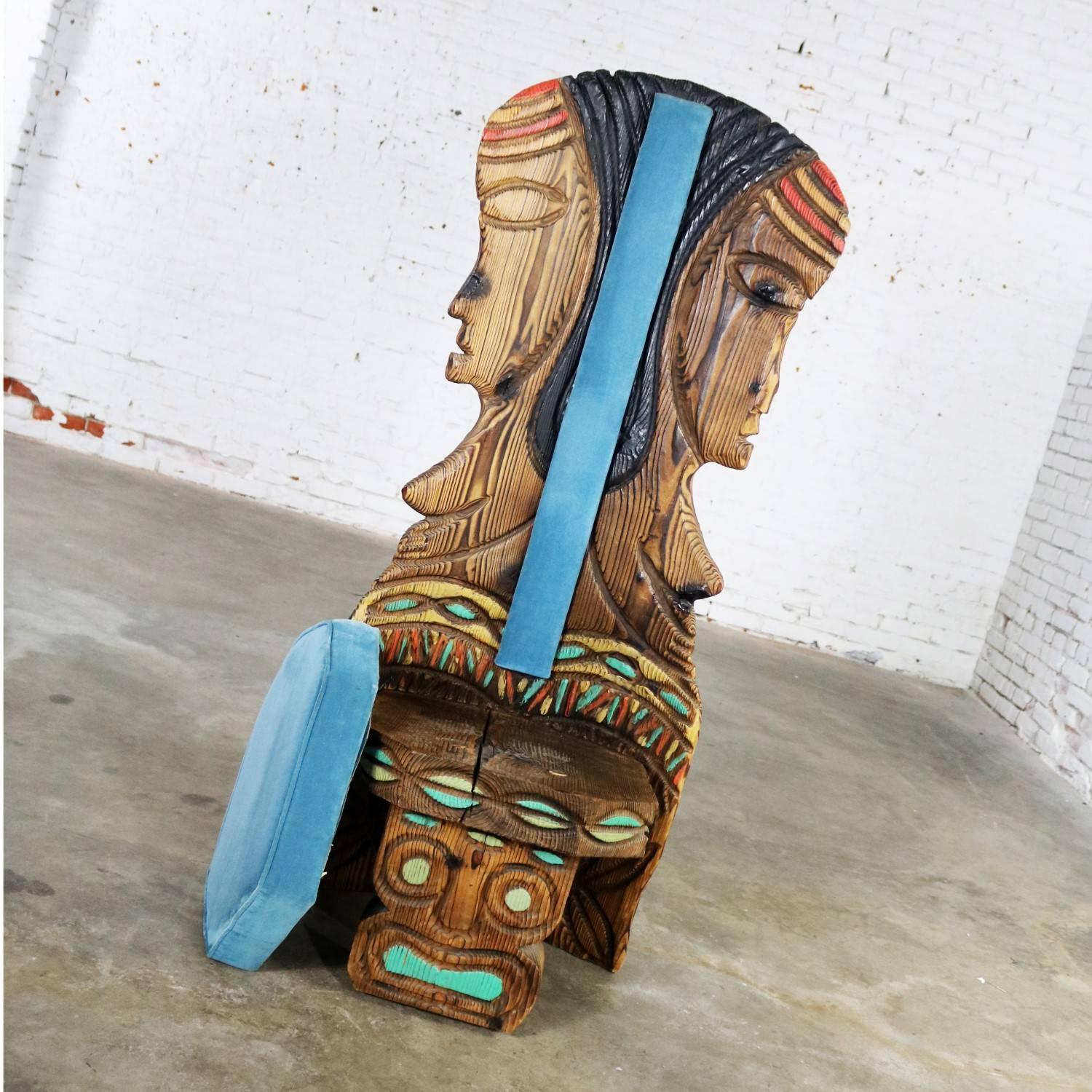 Witco Female Tiki Chair Carved Tiki Females Midcentury Blue Velvet Upholstery 4