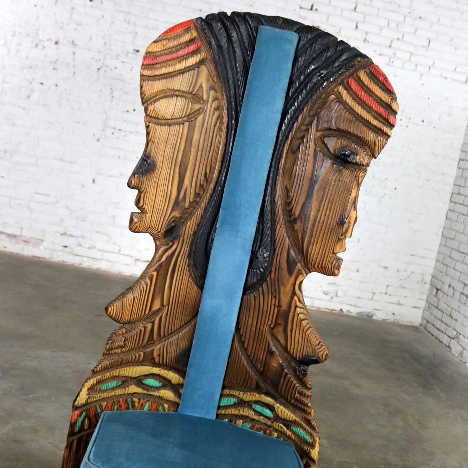 Witco Female Tiki Chair Carved Tiki Females Midcentury Blue Velvet Upholstery 5