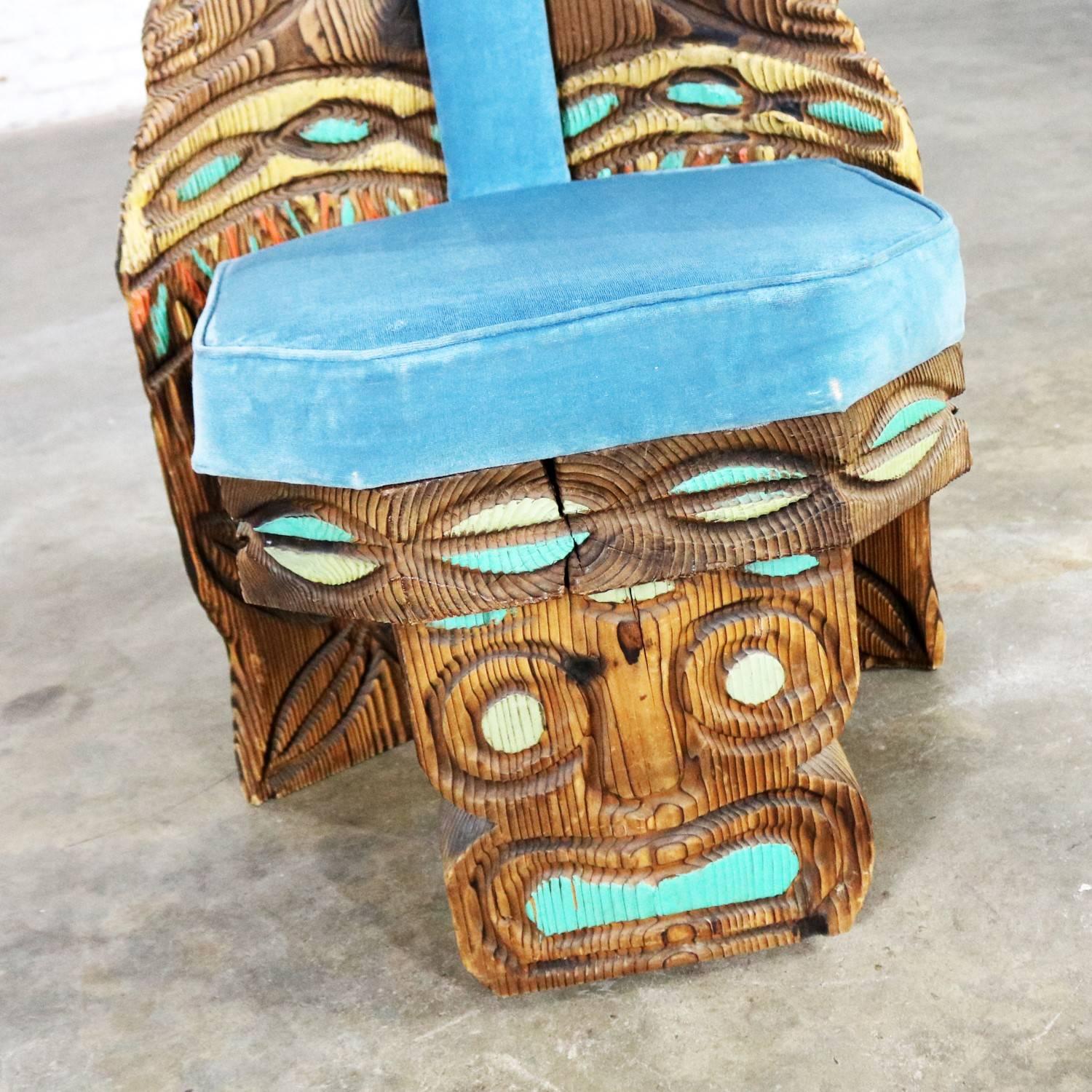 Witco Female Tiki Chair Carved Tiki Females Midcentury Blue Velvet Upholstery 7