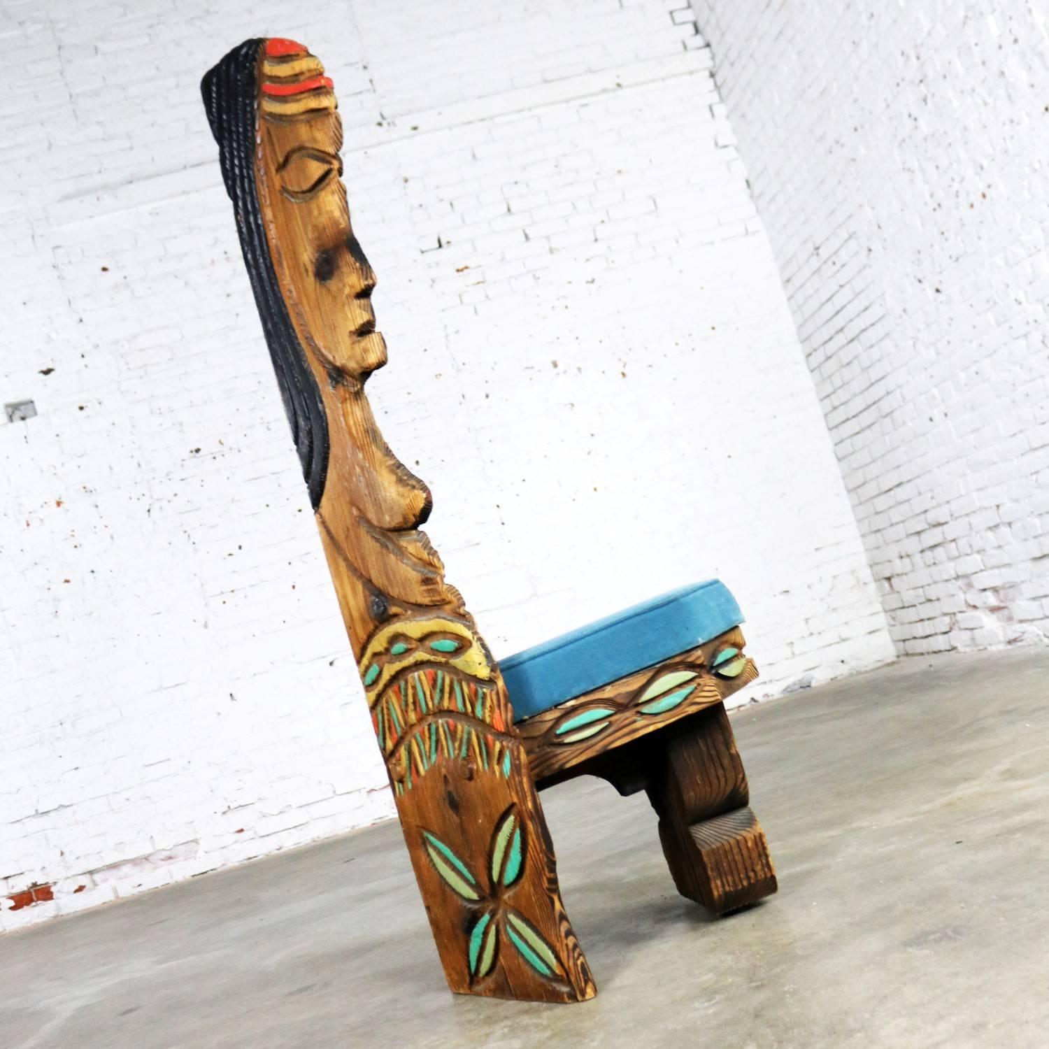 Bohemian Witco Female Tiki Chair Carved Tiki Females Midcentury Blue Velvet Upholstery