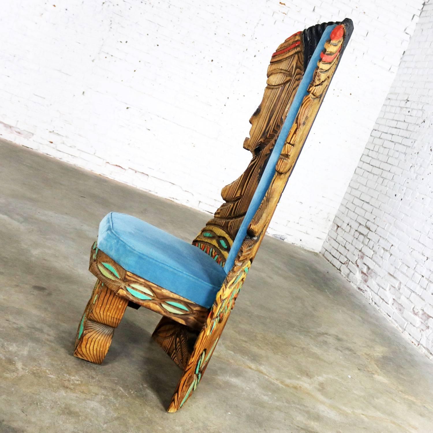 Witco Female Tiki Chair Carved Tiki Females Midcentury Blue Velvet Upholstery In Good Condition In Topeka, KS