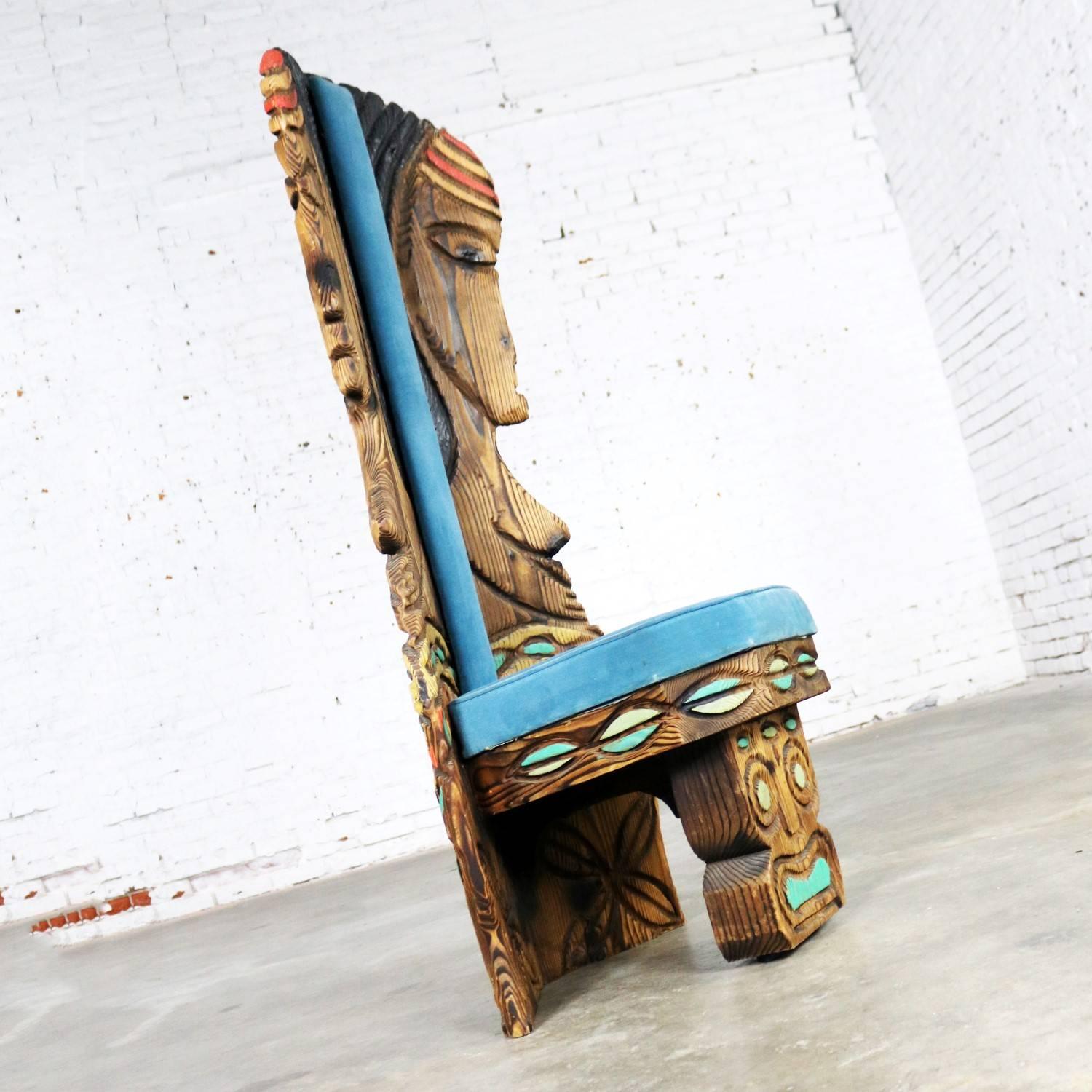 20th Century Witco Female Tiki Chair Carved Tiki Females Midcentury Blue Velvet Upholstery