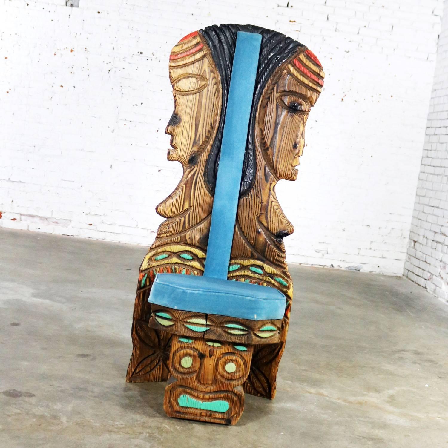 Witco Female Tiki Chair Carved Tiki Females Midcentury Blue Velvet Upholstery 1