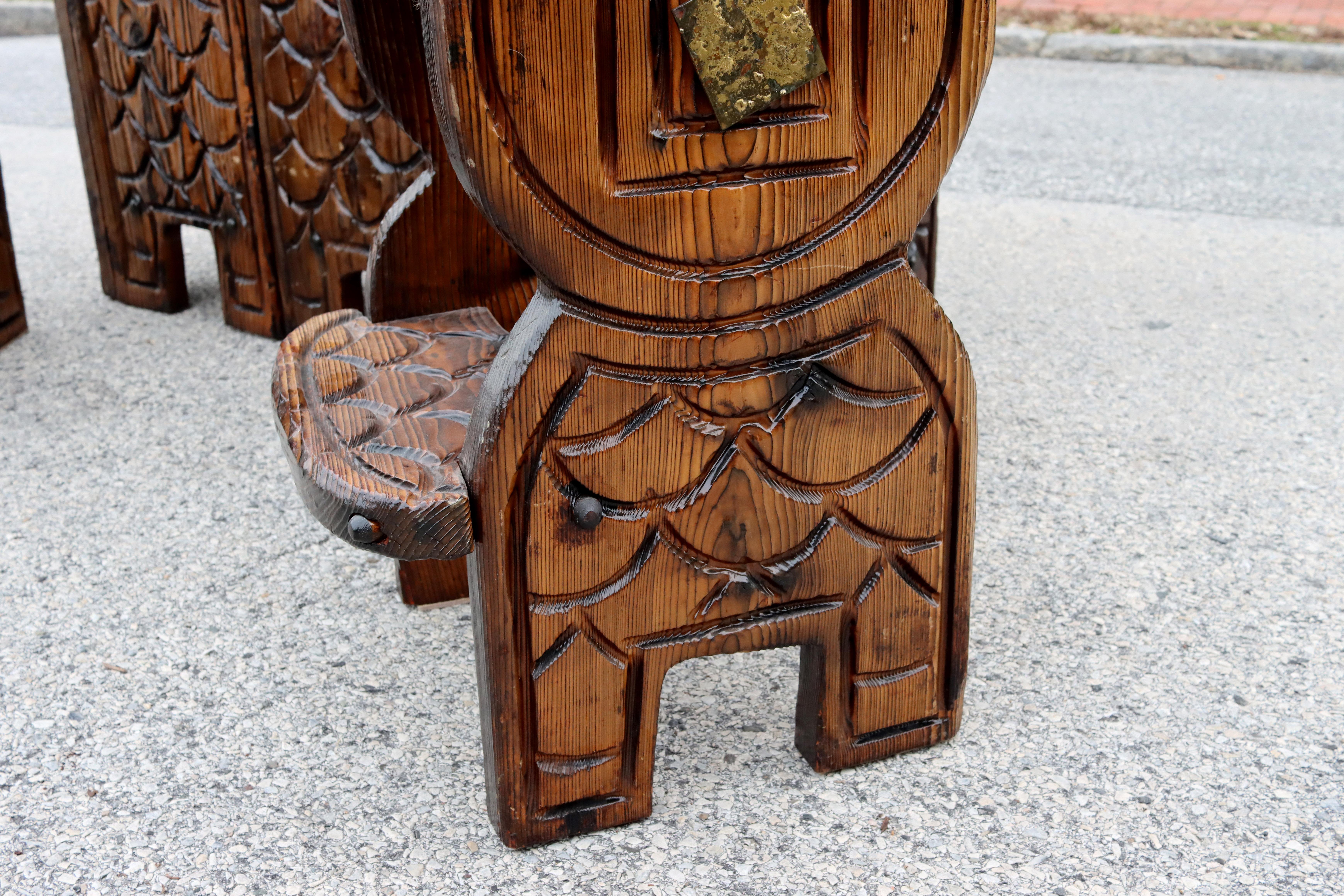 Mid-Century Modern Witco Hand-Carved Dragon Themed Tiki Bar with Two Stools