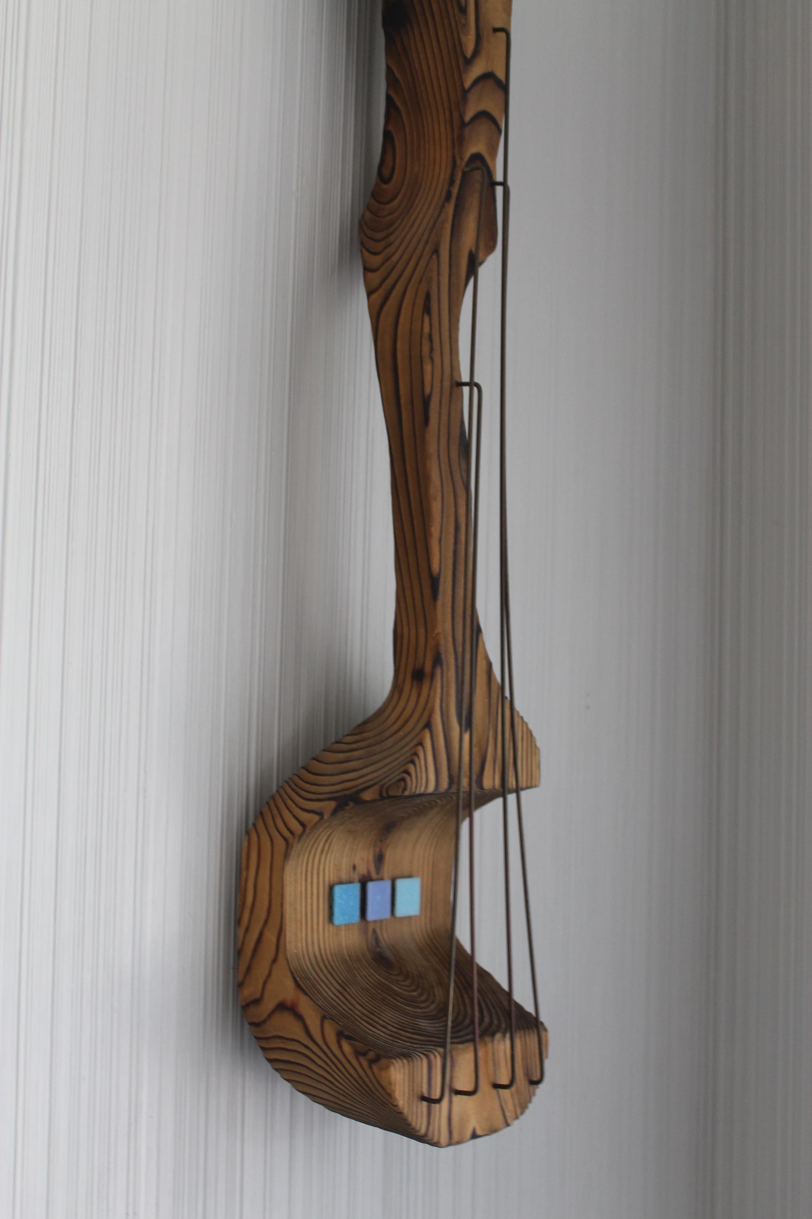 Witco wooden Tiki bar wall sculpture with brass wire strings and glass tiles. Guitar measures 29.5