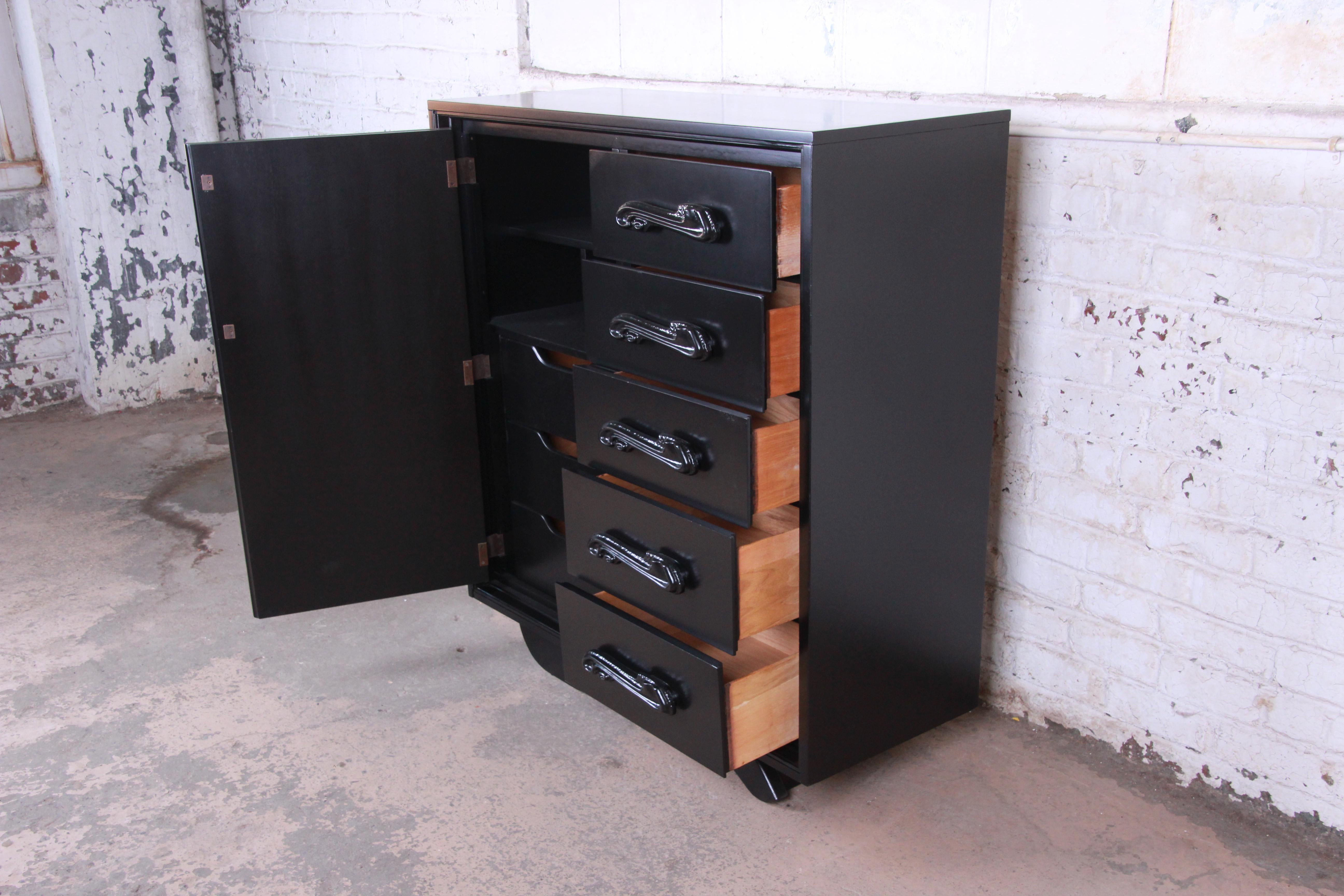 Wood Witco Oceanic Style Black Lacquered Sculptural Tiki Gentleman's Chest by Pulaski