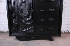 Witco Oceanic Style Black Lacquered Sculptural Tiki Gentleman's Chest by Pulaski