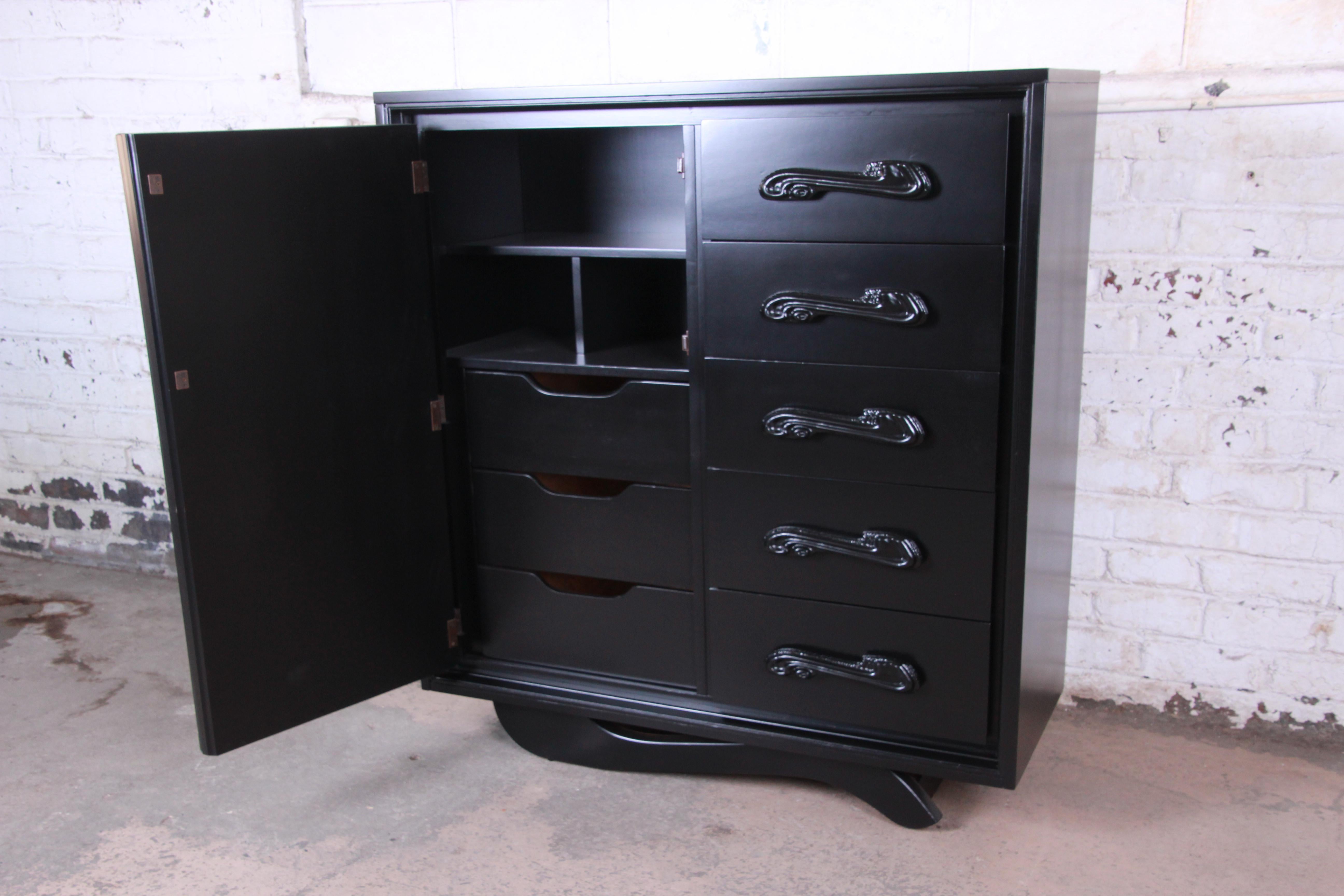 Mid-Century Modern Witco Oceanic Style Black Lacquered Sculptural Tiki Gentleman's Chest by Pulaski