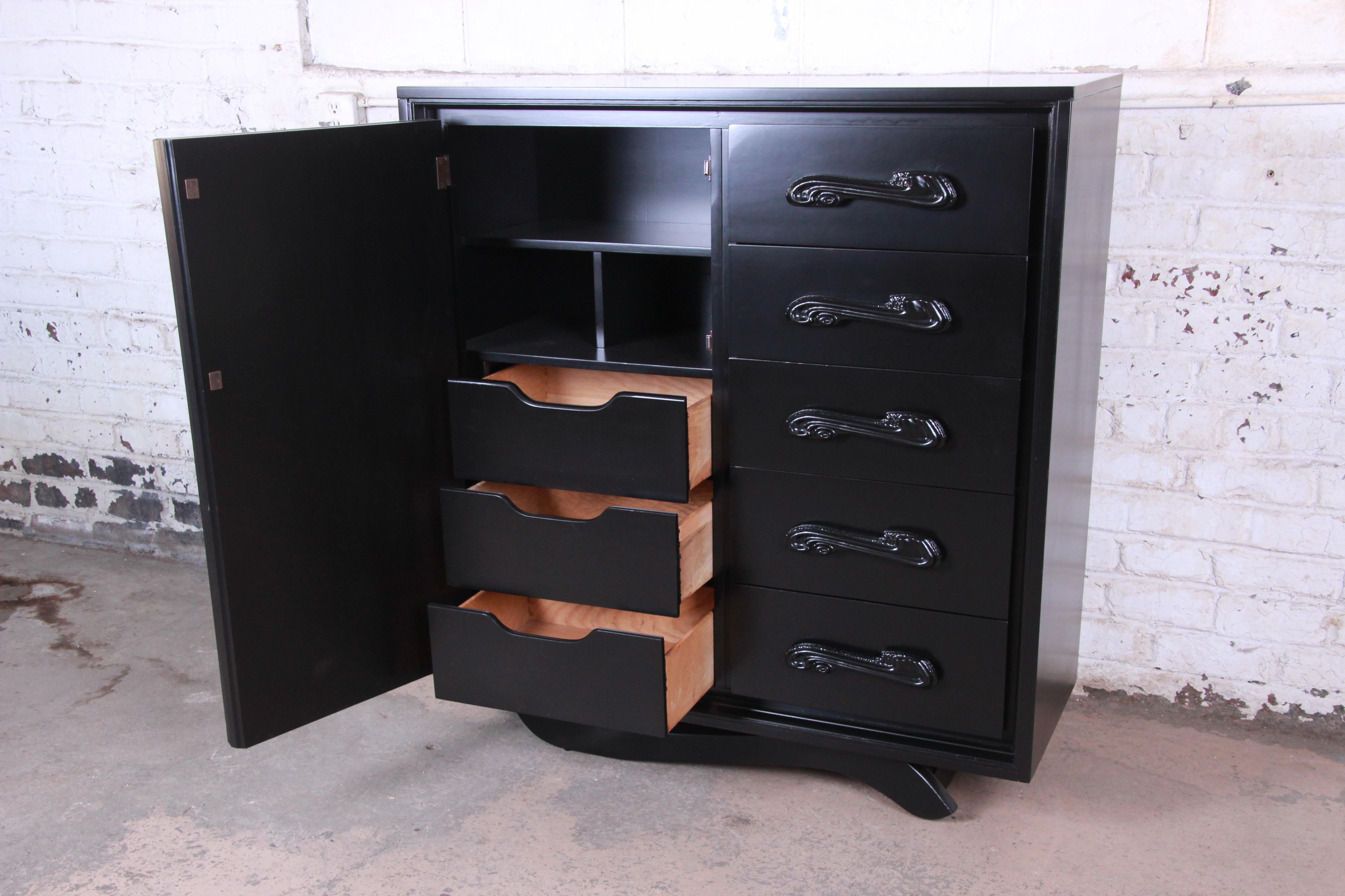 American Witco Oceanic Style Black Lacquered Sculptural Tiki Gentleman's Chest by Pulaski