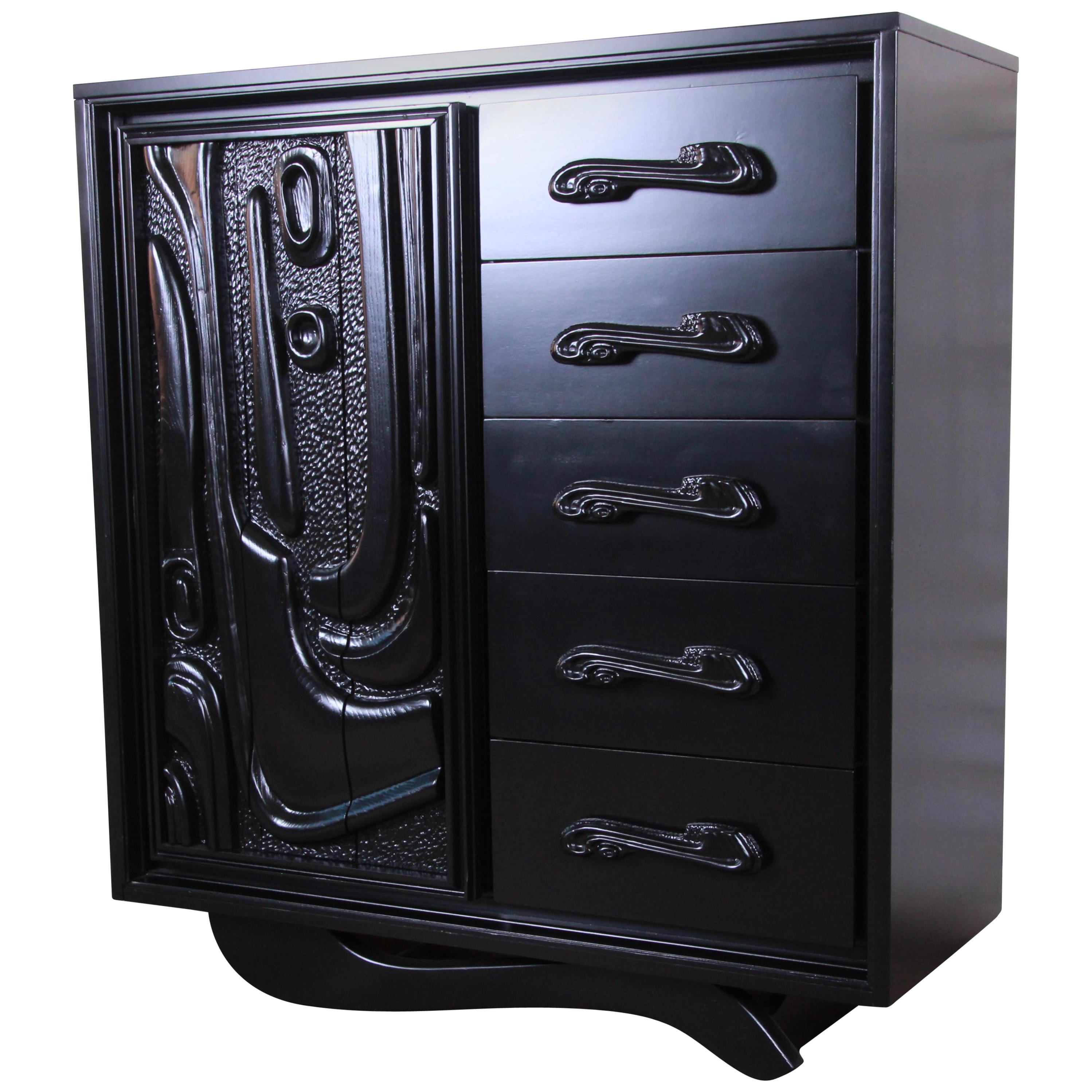 Witco Oceanic Style Black Lacquered Sculptural Tiki Gentleman's Chest by Pulaski