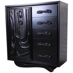 Witco Oceanic Style Black Lacquered Sculptural Tiki Gentleman's Chest by Pulaski