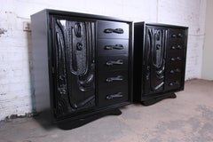 Witco Oceanic Style Black Lacquered Sculptural Tiki Gentleman's Chests