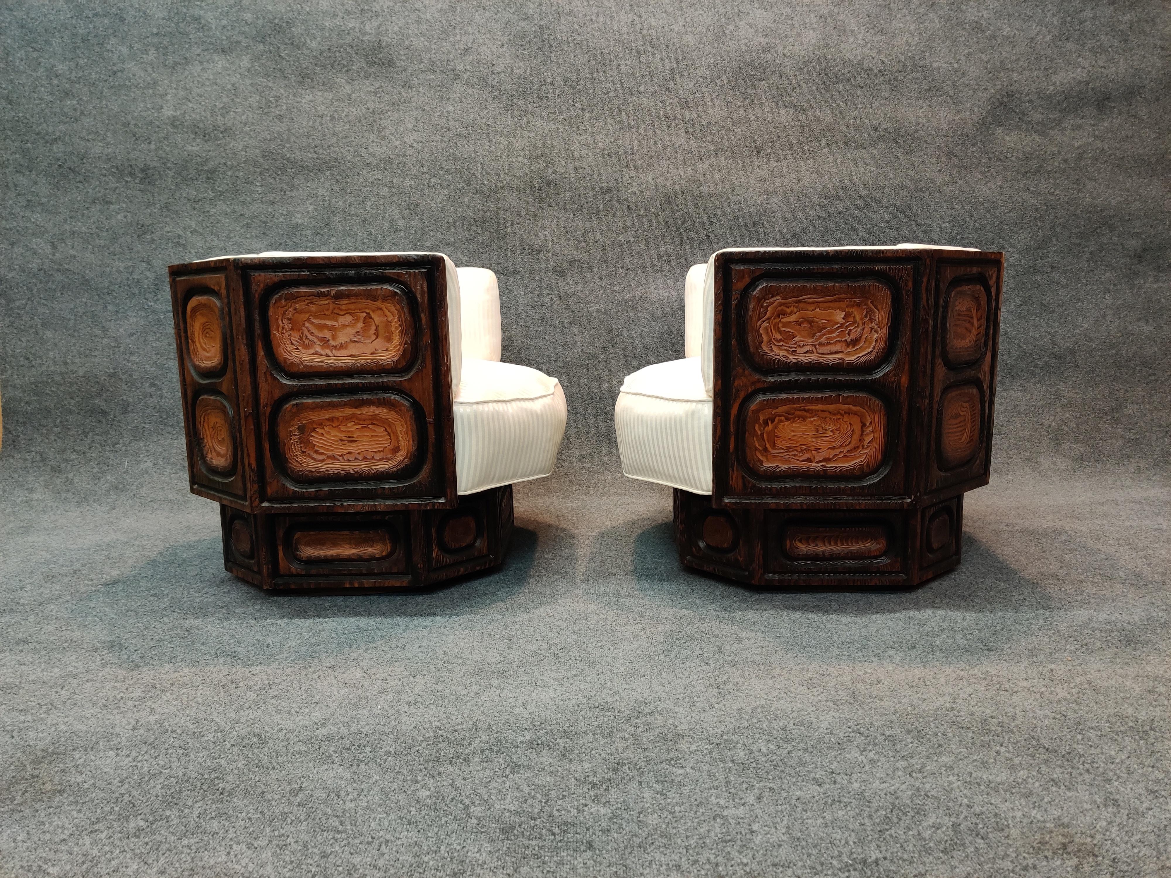 Witco Pair of Brutalist Carved Wood Lounge Chairs, Geometric Form, Swivel Bases 3
