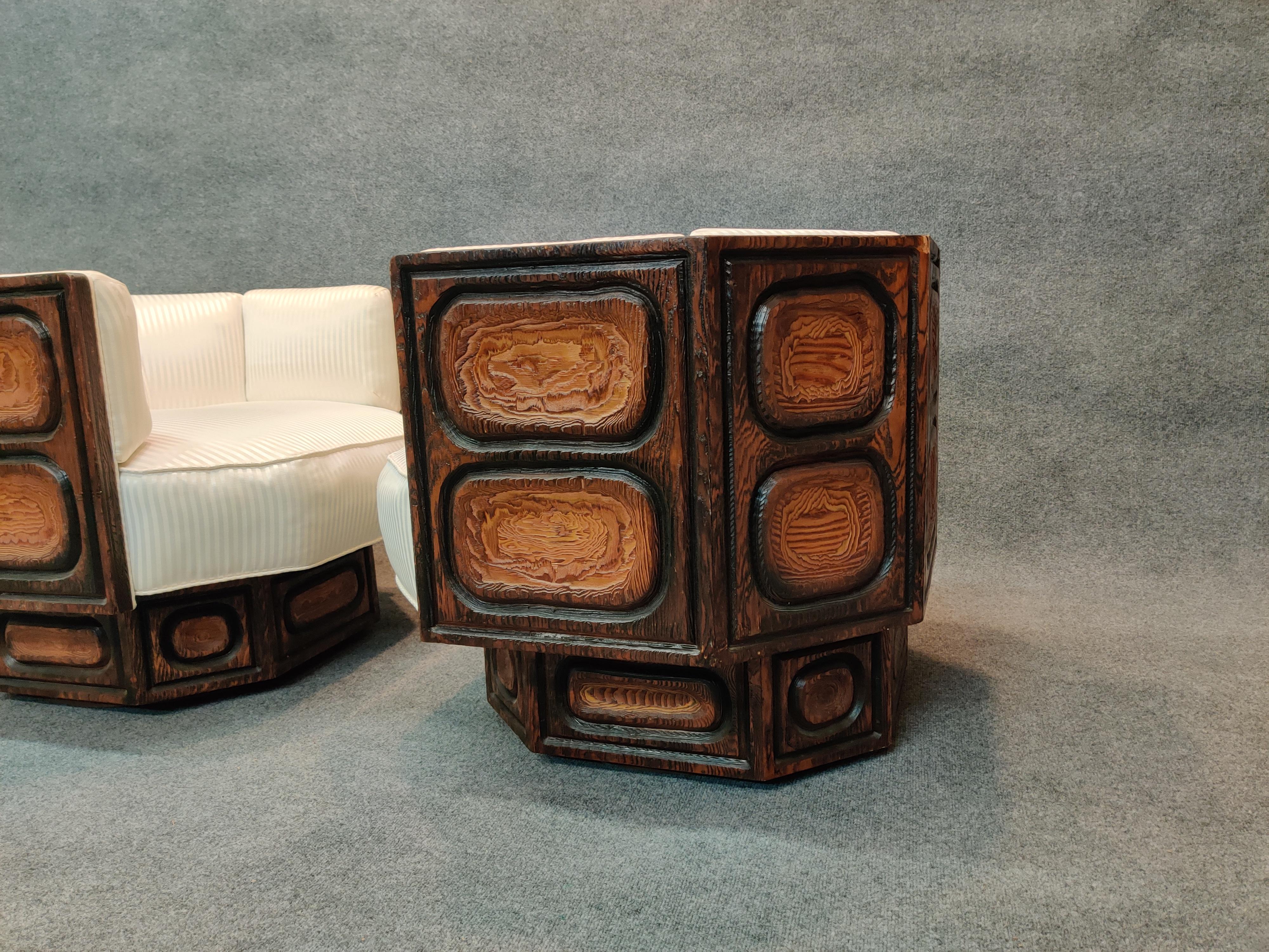 Witco Pair of Brutalist Carved Wood Lounge Chairs, Geometric Form, Swivel Bases 4